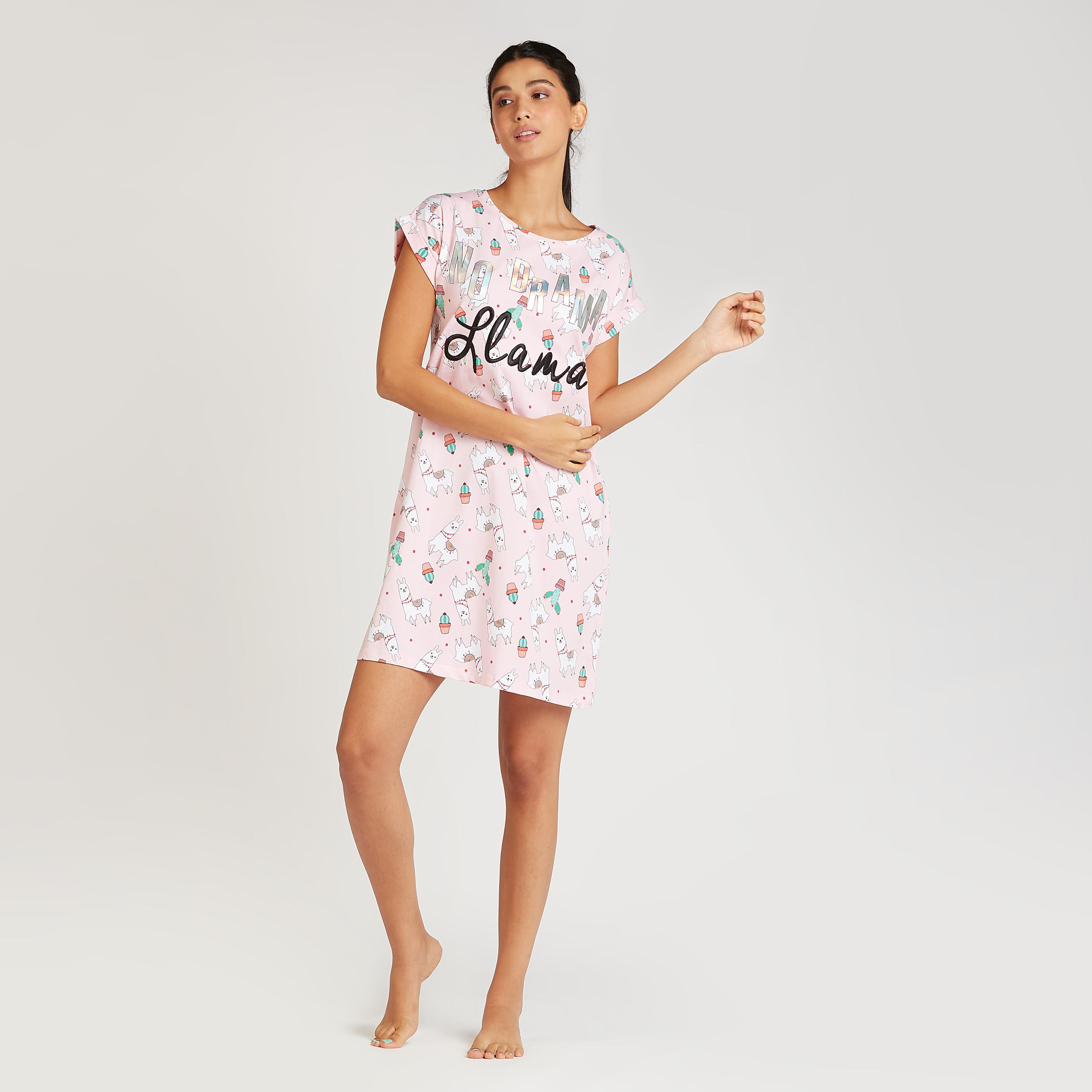 Sustainable Printed Sleep Dress with Round Neck and Cap Sleeves-women-clothing-nightwear-nighties-image-2
