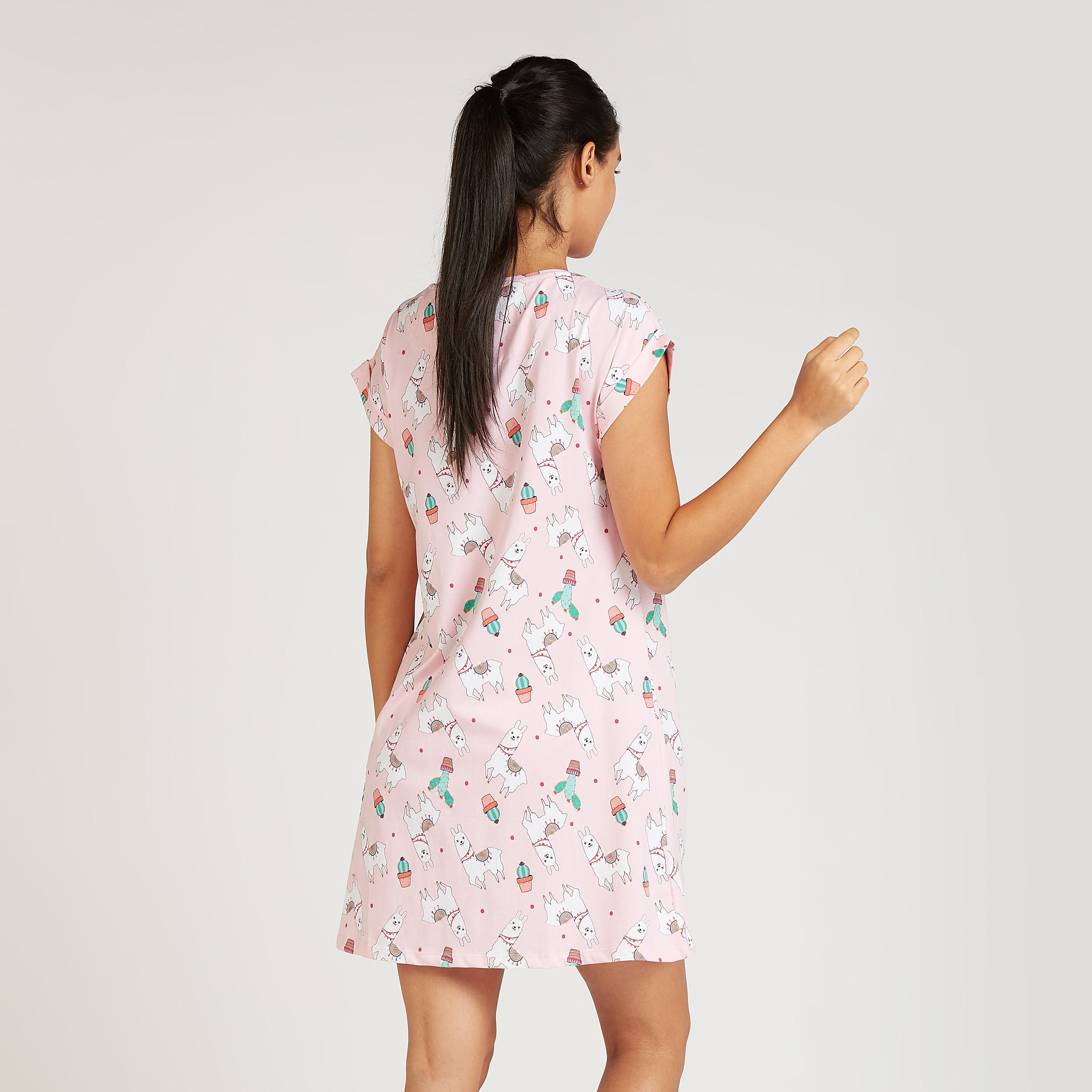 Sustainable Printed Sleep Dress with Round Neck and Cap Sleeves-women-clothing-nightwear-nighties-image-4