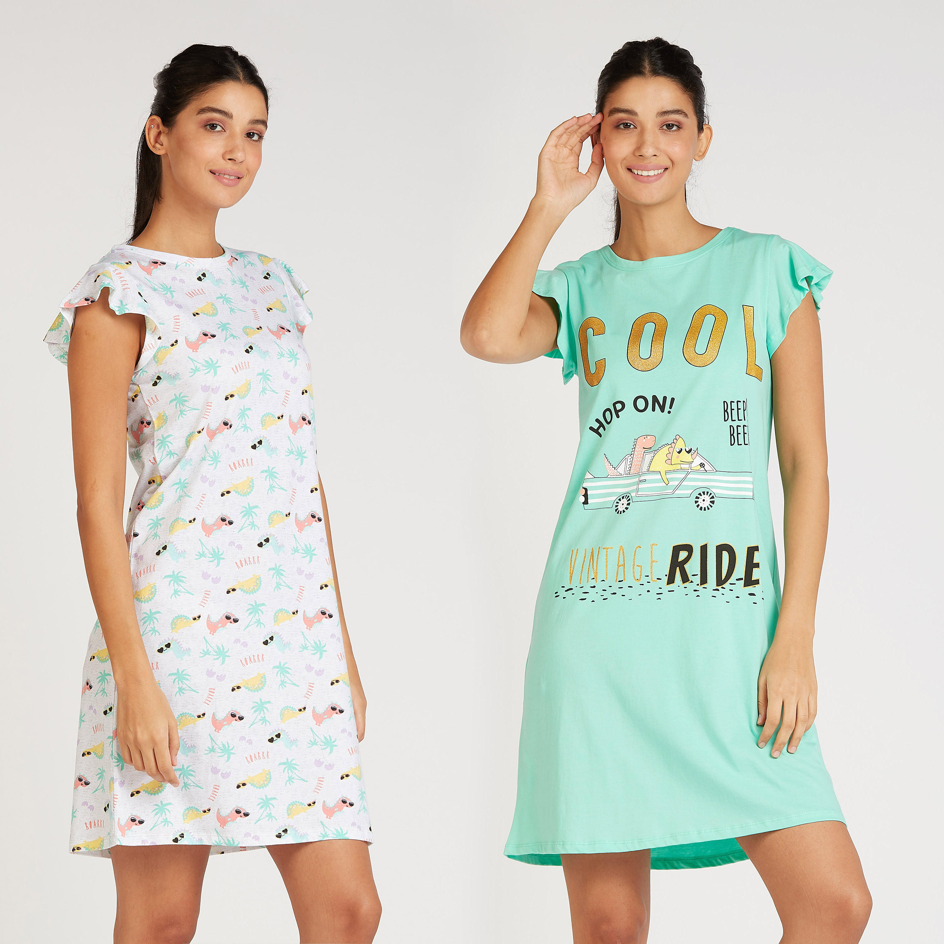 فستان نوم بياقة ضيّقة وأكمام كاب بطبعات- طقم من قطعتين-women-clothing-nightwear-nighties-image-1