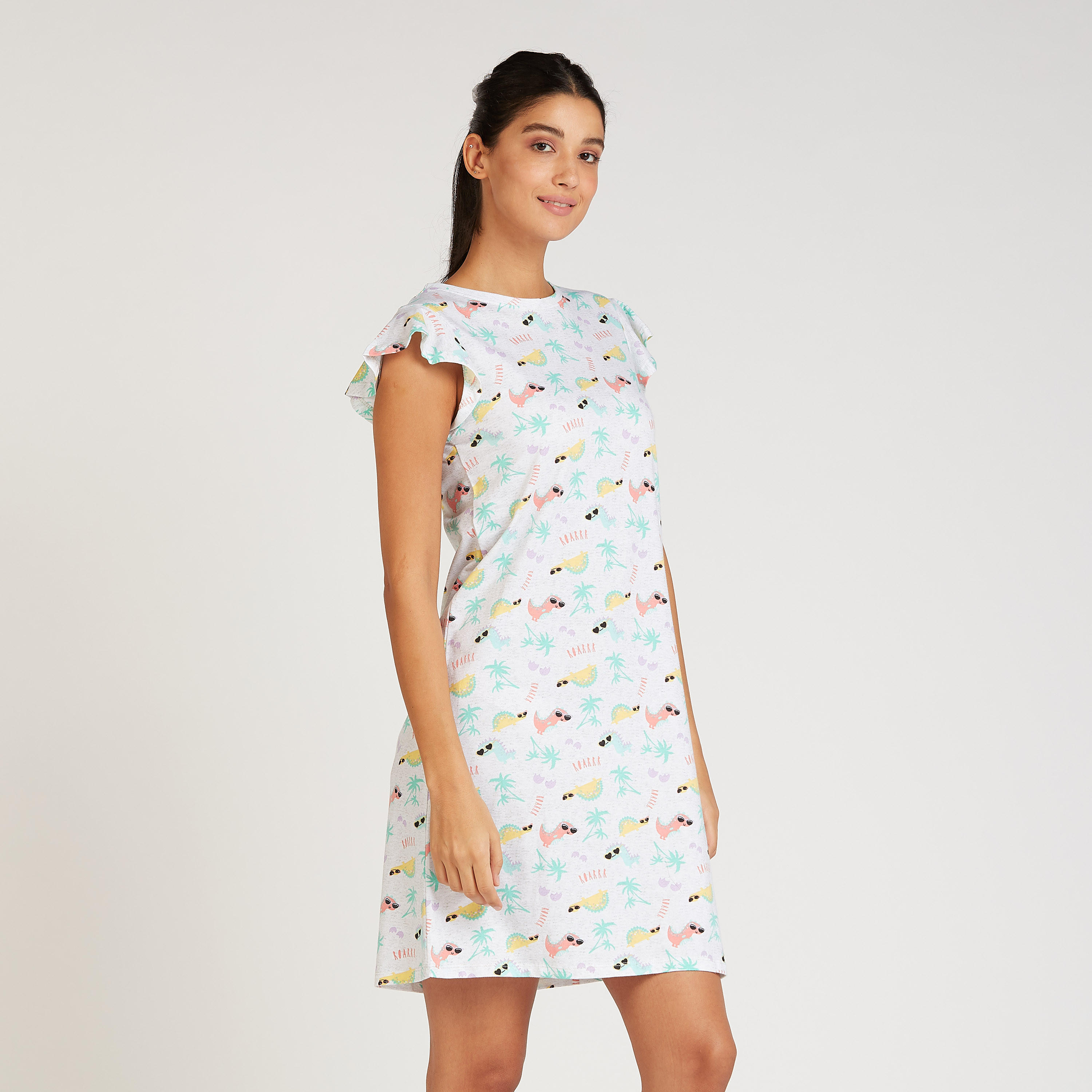 فستان نوم بياقة ضيّقة وأكمام كاب بطبعات- طقم من قطعتين-women-clothing-nightwear-nighties-image-3