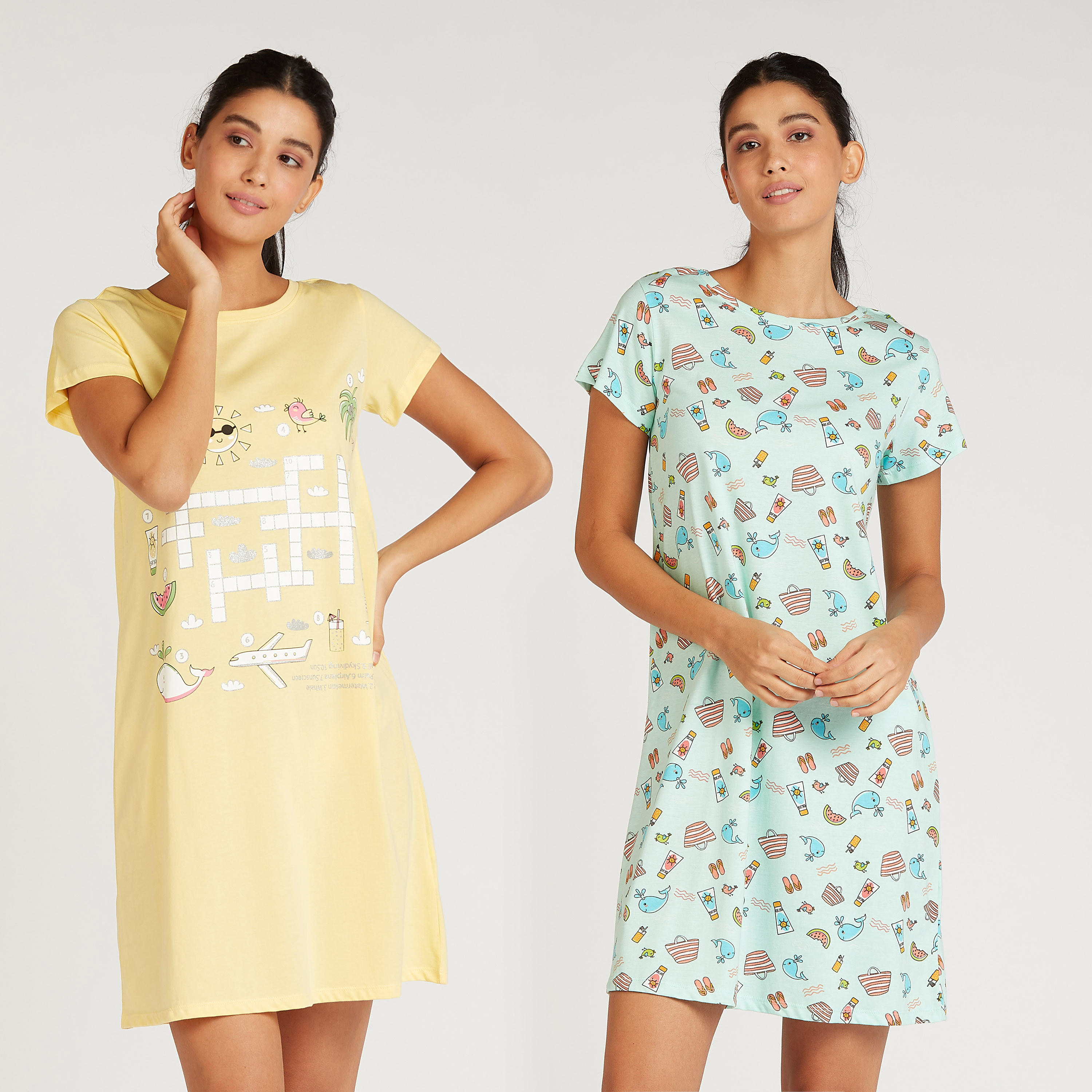 فستان نوم بياقة ضيّقة وأكمام قصيرة بطبعات- طقم من قطعتين-women-clothing-nightwear-nighties-image-1