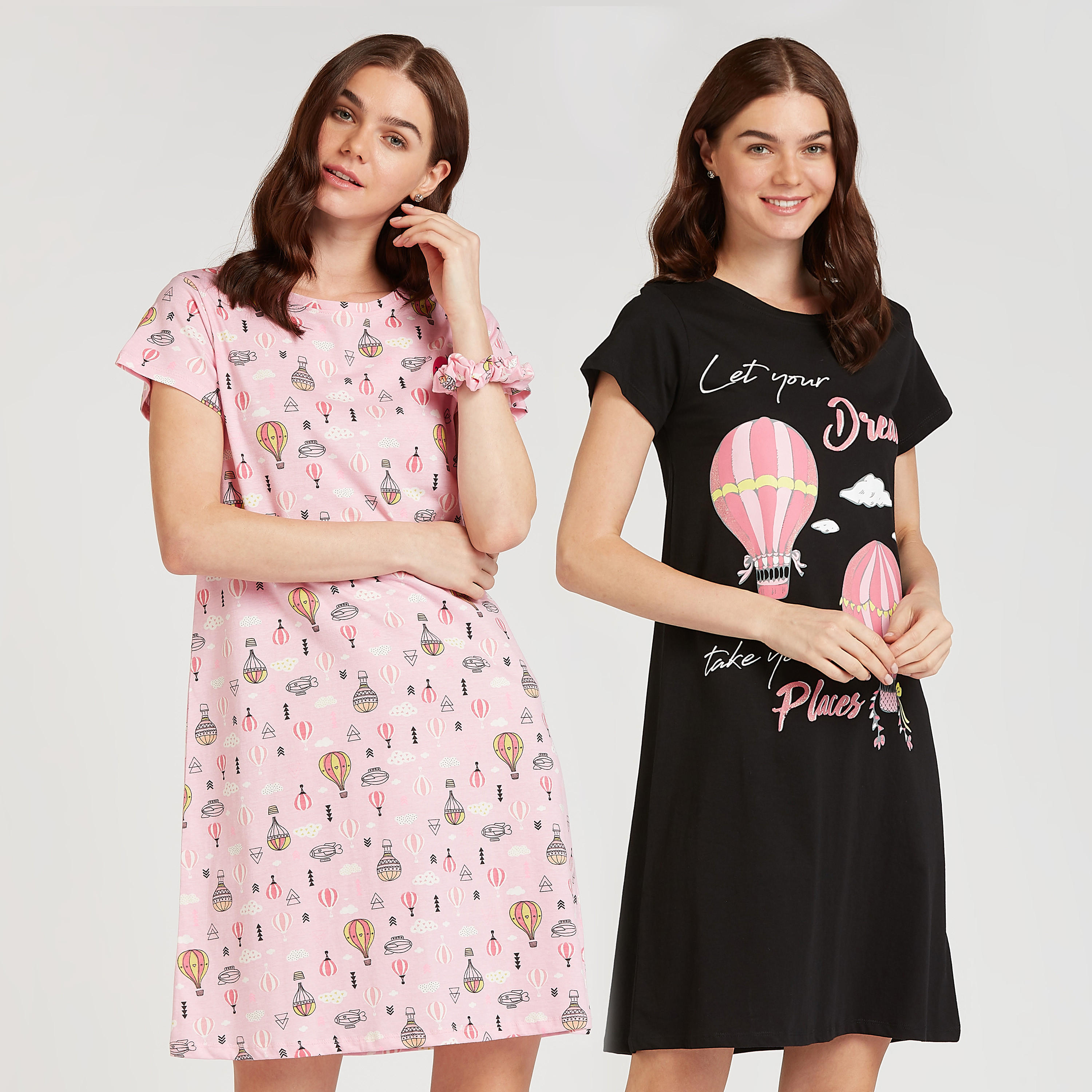 فستان نوم بياقة مستديرة وأكمام قصيرة وطبعات - طقم من قطعتين-women-clothing-nightwear-nighties-image-1