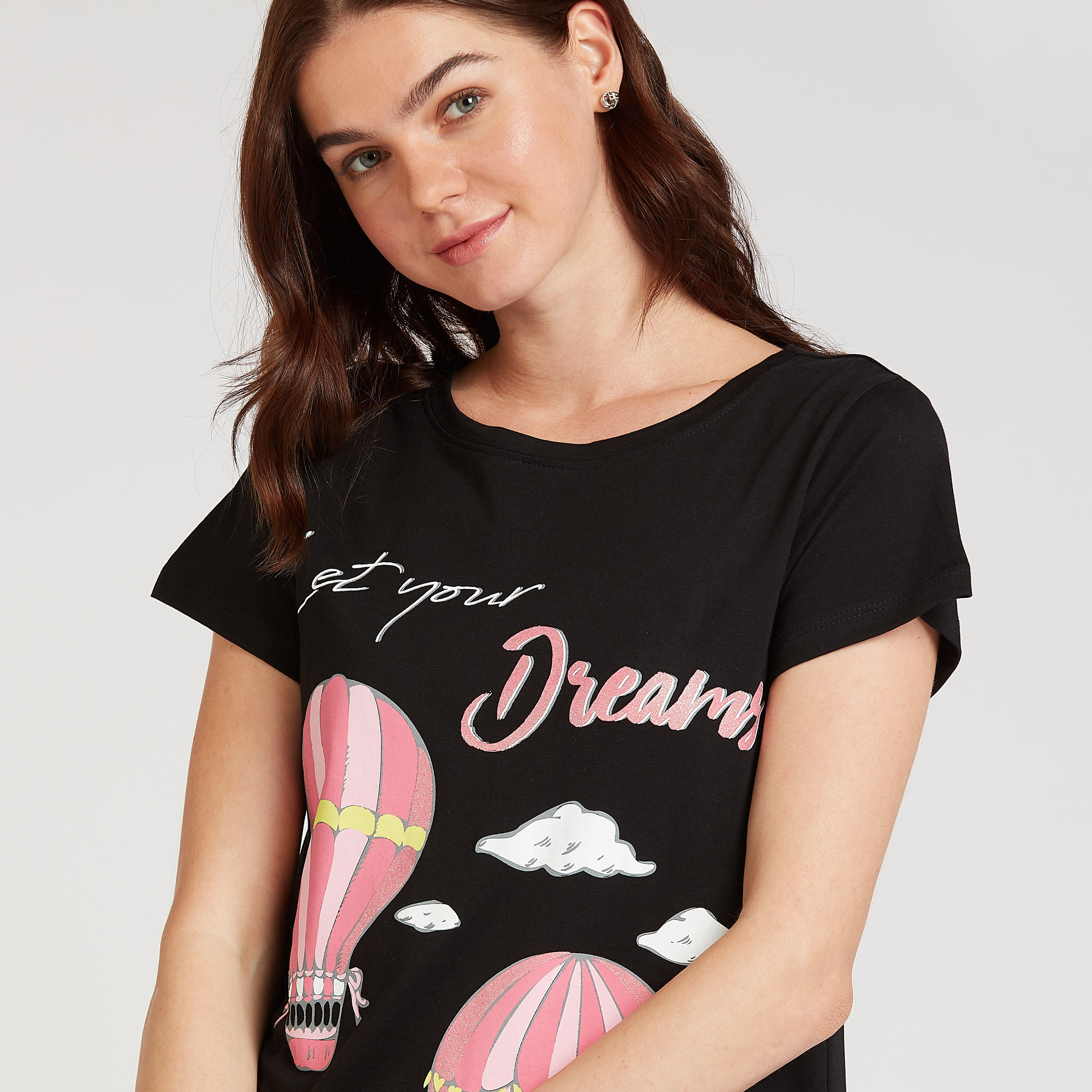 فستان نوم بياقة مستديرة وأكمام قصيرة وطبعات - طقم من قطعتين-women-clothing-nightwear-nighties-image-8