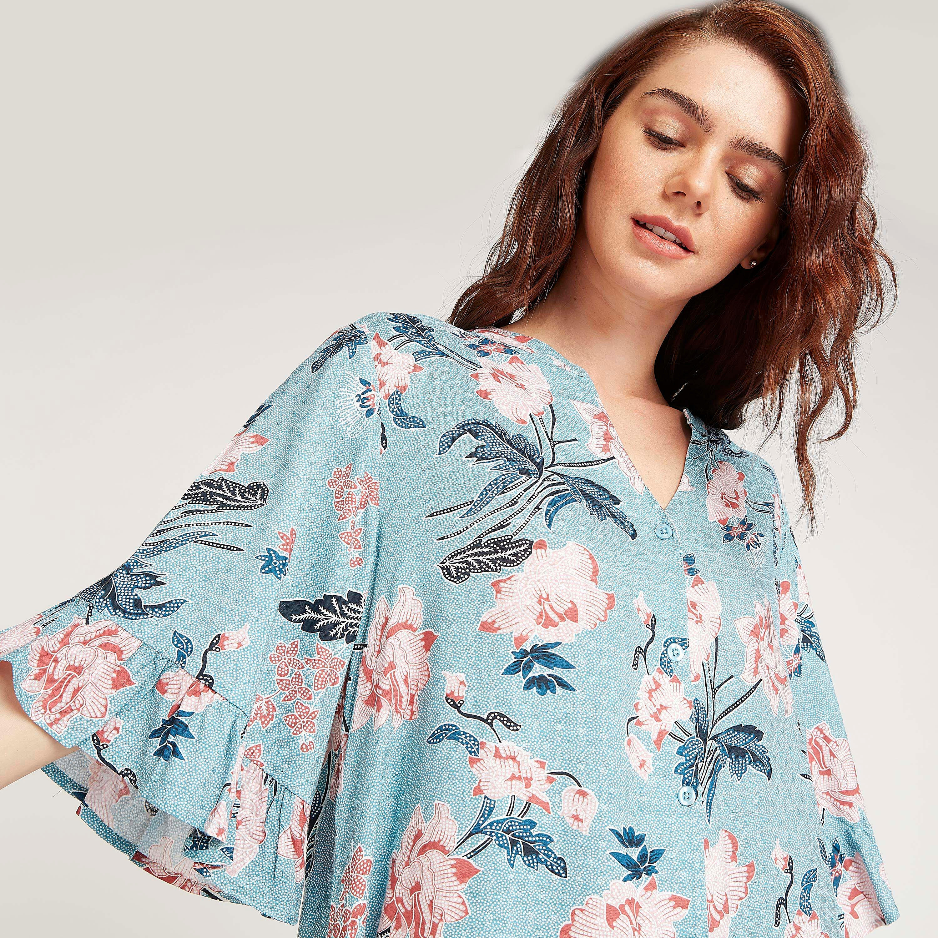 طقم بيجاما مستدام بنطلون وبلوزة بياقة V وطبعات-women-clothing-nightwear-pyjamas-longsets-image-4