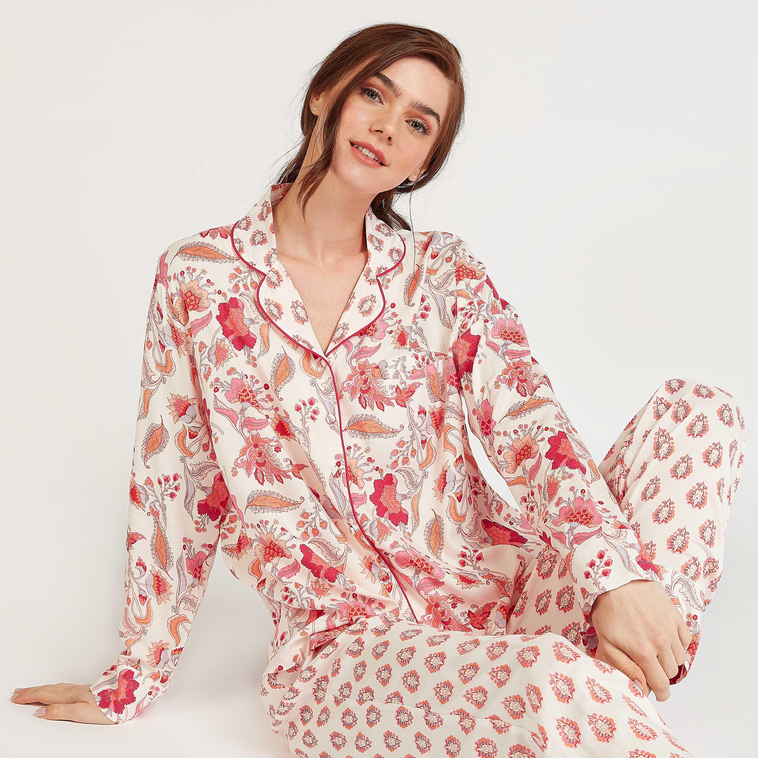 Printed Long Sleeves Sleepshirt with Full Length Pyjama Set-women-clothing-nightwear-pyjamas-longsets-image-2