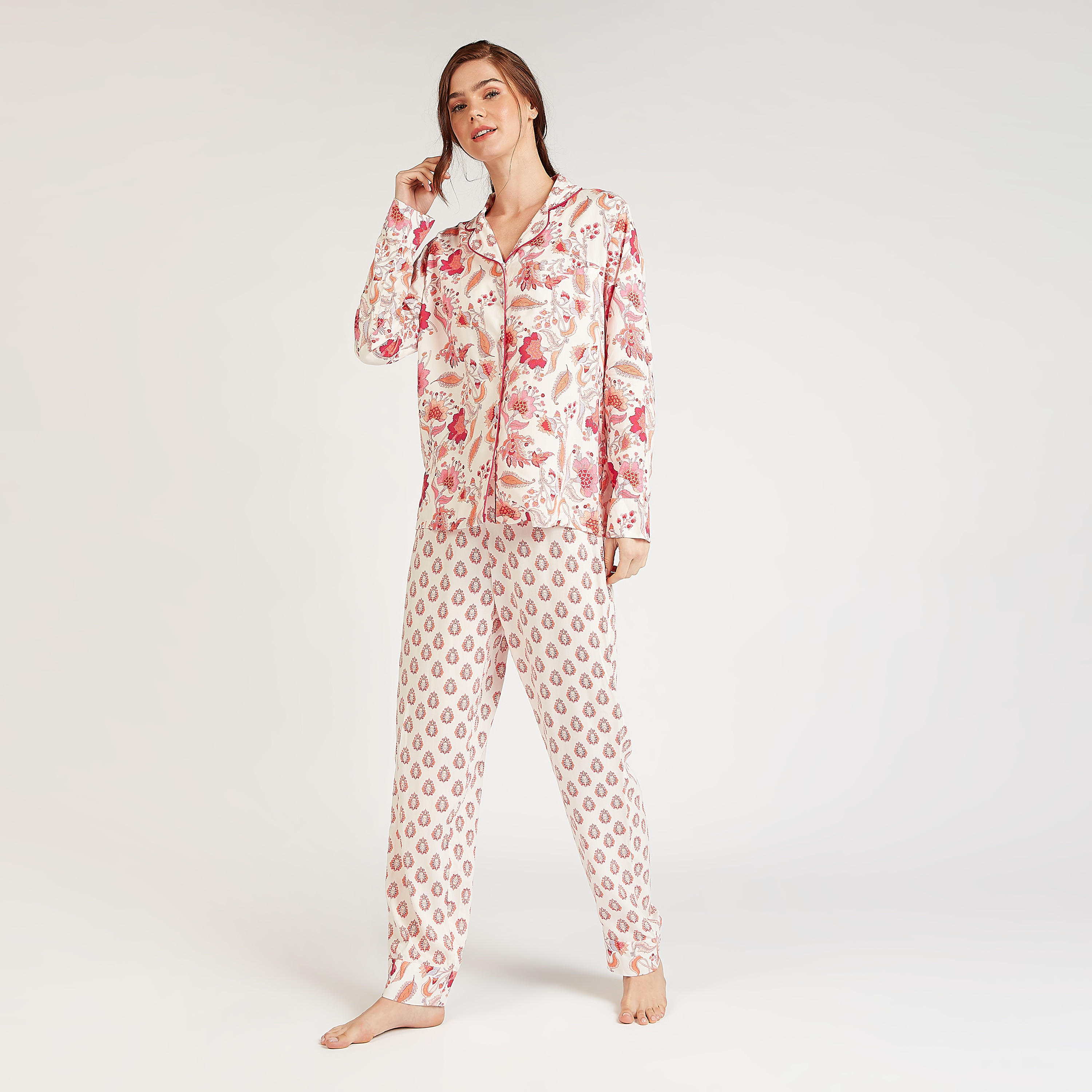 Printed Long Sleeves Sleepshirt with Full Length Pyjama Set-women-clothing-nightwear-pyjamas-longsets-image-1