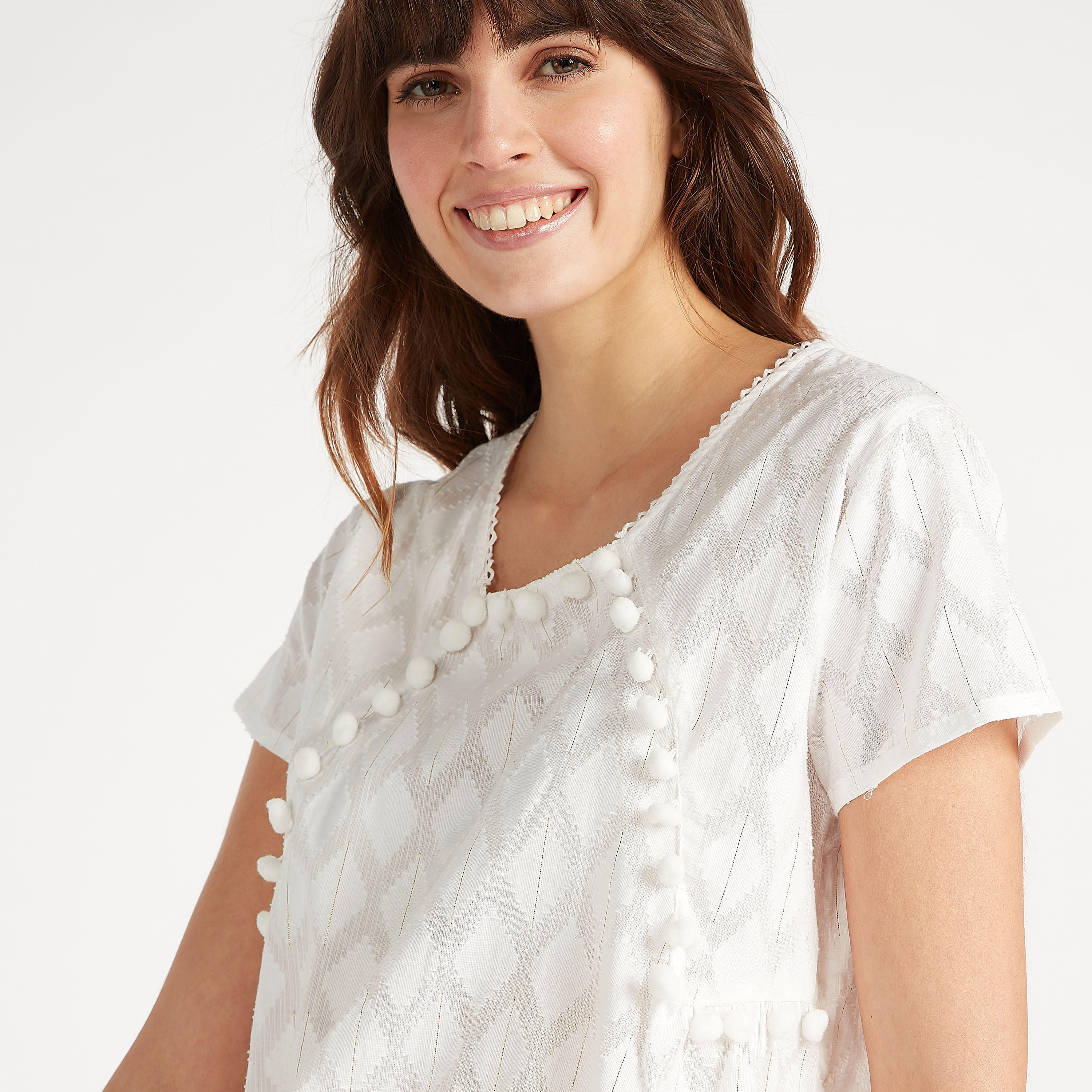 طقم بنطلون بيجاما قصير وبلوزة بارزة الملمس بتفاصيل بوم بوم-women-clothing-nightwear-pyjamas-longsets-image-2