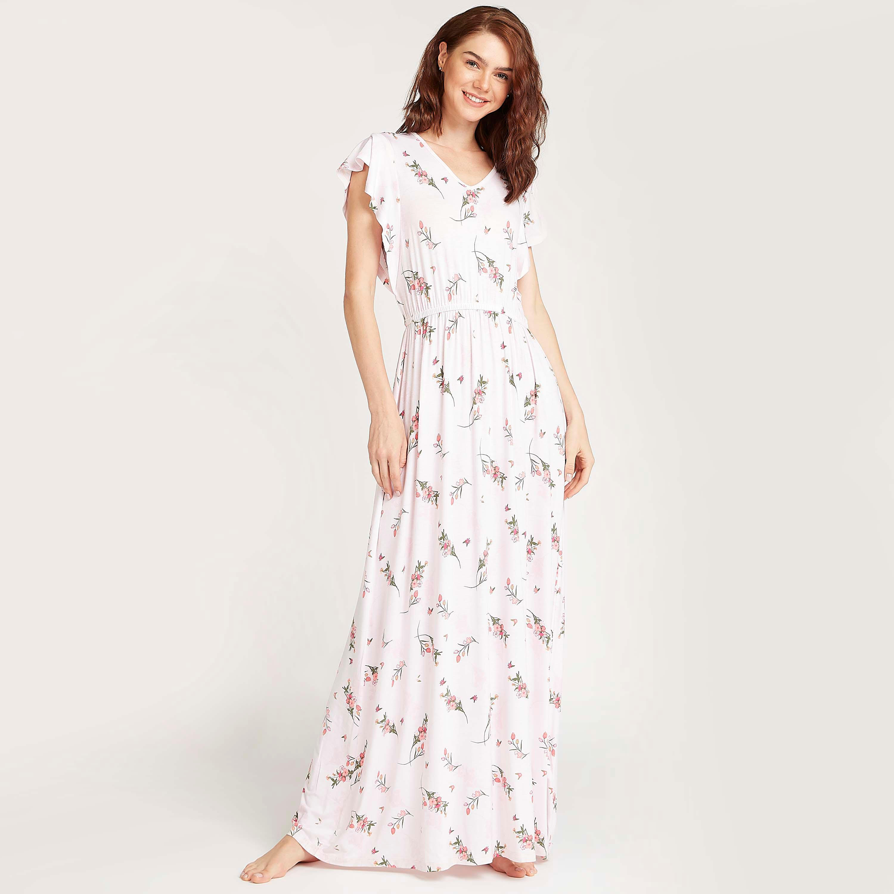 فستان نوم طويل بطبعات أزهار وأكمام قصيرة-women-clothing-nightwear-nighties-image-1
