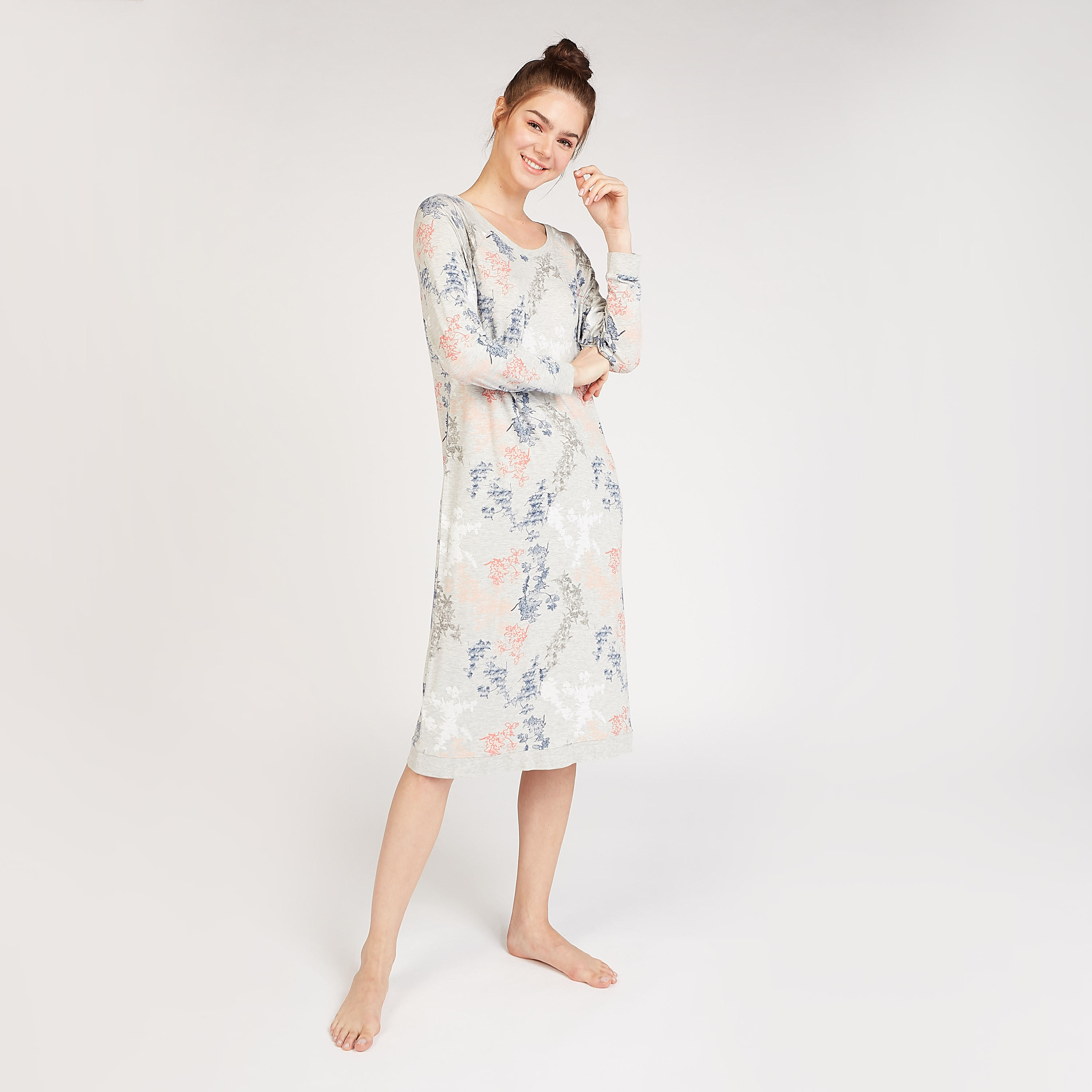 Printed Sleep Dress with Round Neck and Long Sleeves-women-clothing-nightwear-nighties-image-1