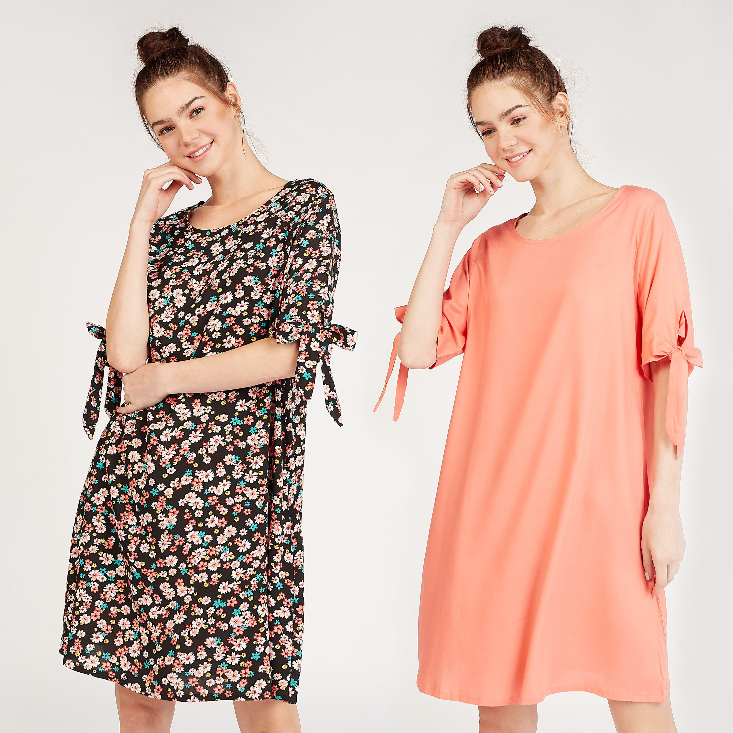 فستان نوم بياقة مستديرة وأكمام قصيرة و ألوان متعددة- طقم من قطعتين-women-clothing-nightwear-pyjamas-longsets-image-1