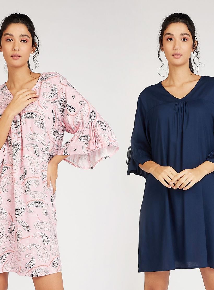 طقم فساتين نوم مستدامة متنوّعة بأكمام واسعة - قطعتين-women-clothing-nightwear-nighties-image-1