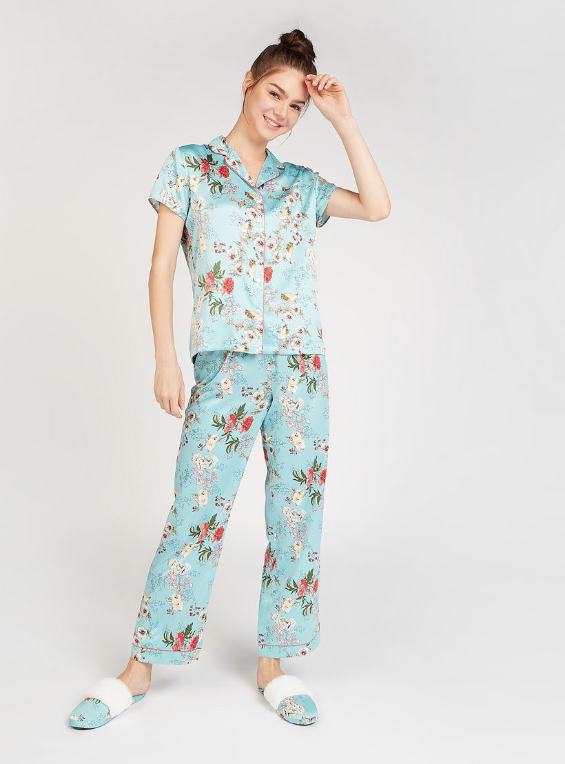 طقم بنطلون بيجاما طويل وقميص نوم بأكمام قصيرة وطبعات أزهار-women-clothing-nightwear-pyjamas-longsets-image-1