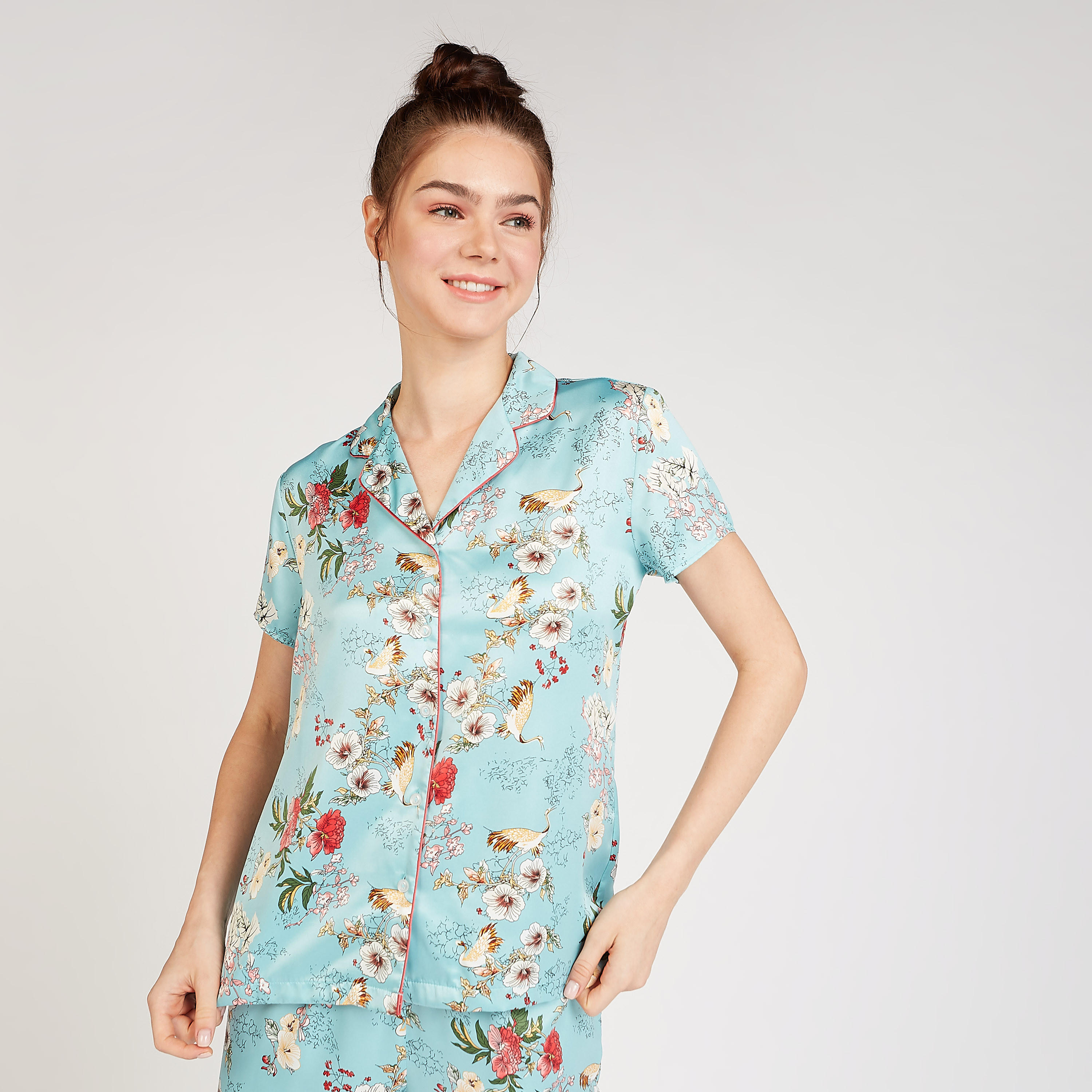 طقم بنطلون بيجاما طويل وقميص نوم بأكمام قصيرة وطبعات أزهار-women-clothing-nightwear-pyjamas-longsets-image-3
