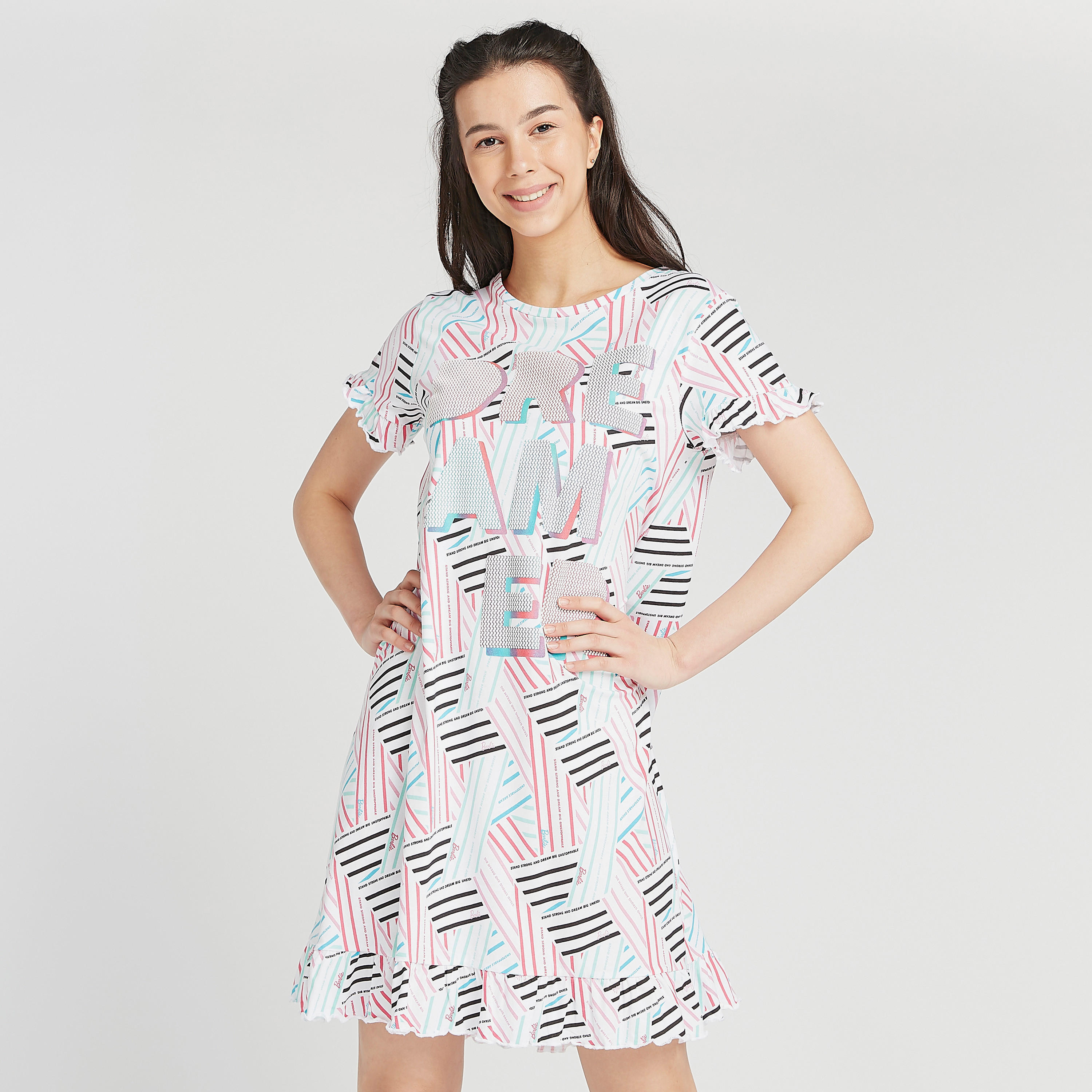 قميص نوم  مستدام بياقة ضيقة وأكمام قصيرة وطبعات-women-clothing-nightwear-nighties-image-1