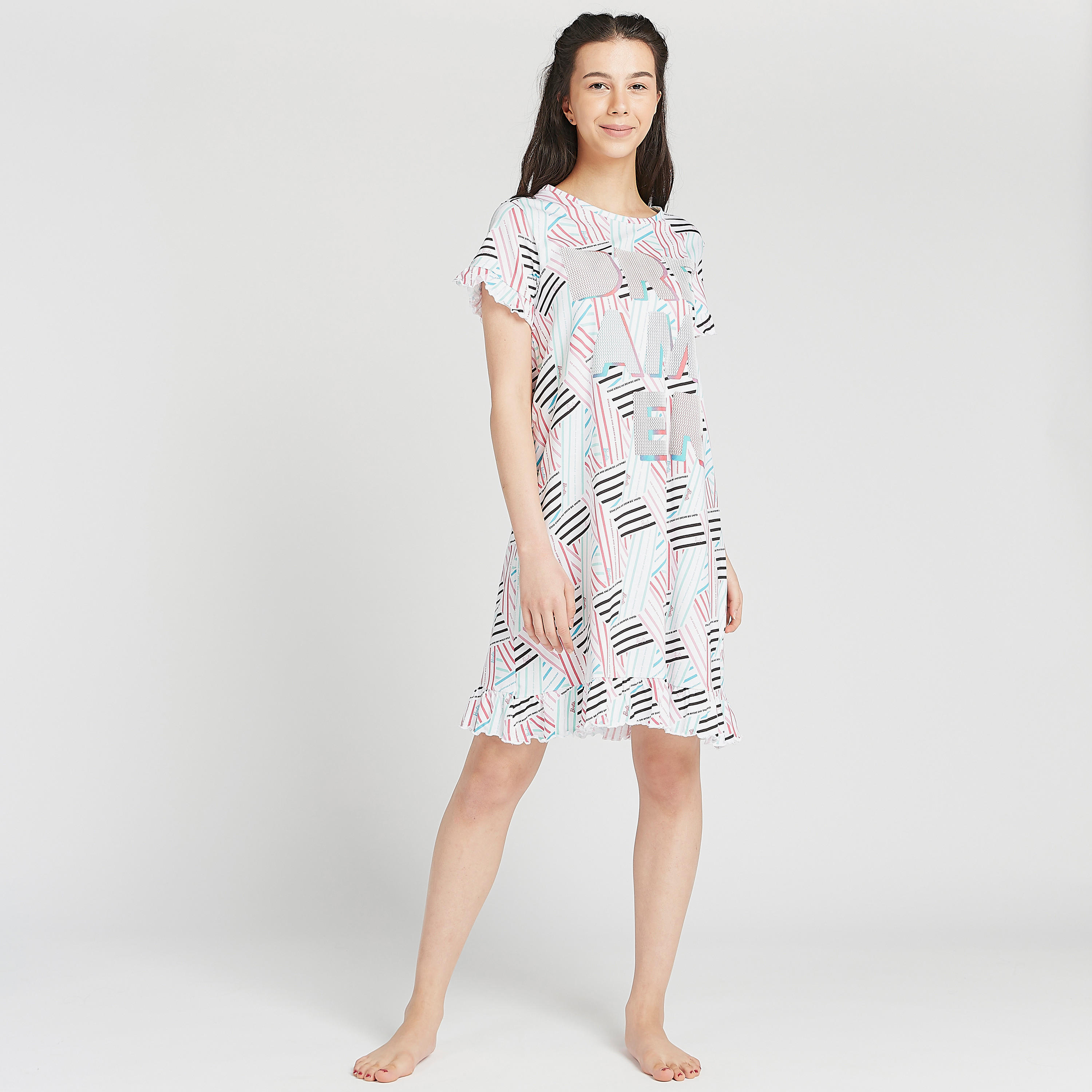 قميص نوم  مستدام بياقة ضيقة وأكمام قصيرة وطبعات-women-clothing-nightwear-nighties-image-2
