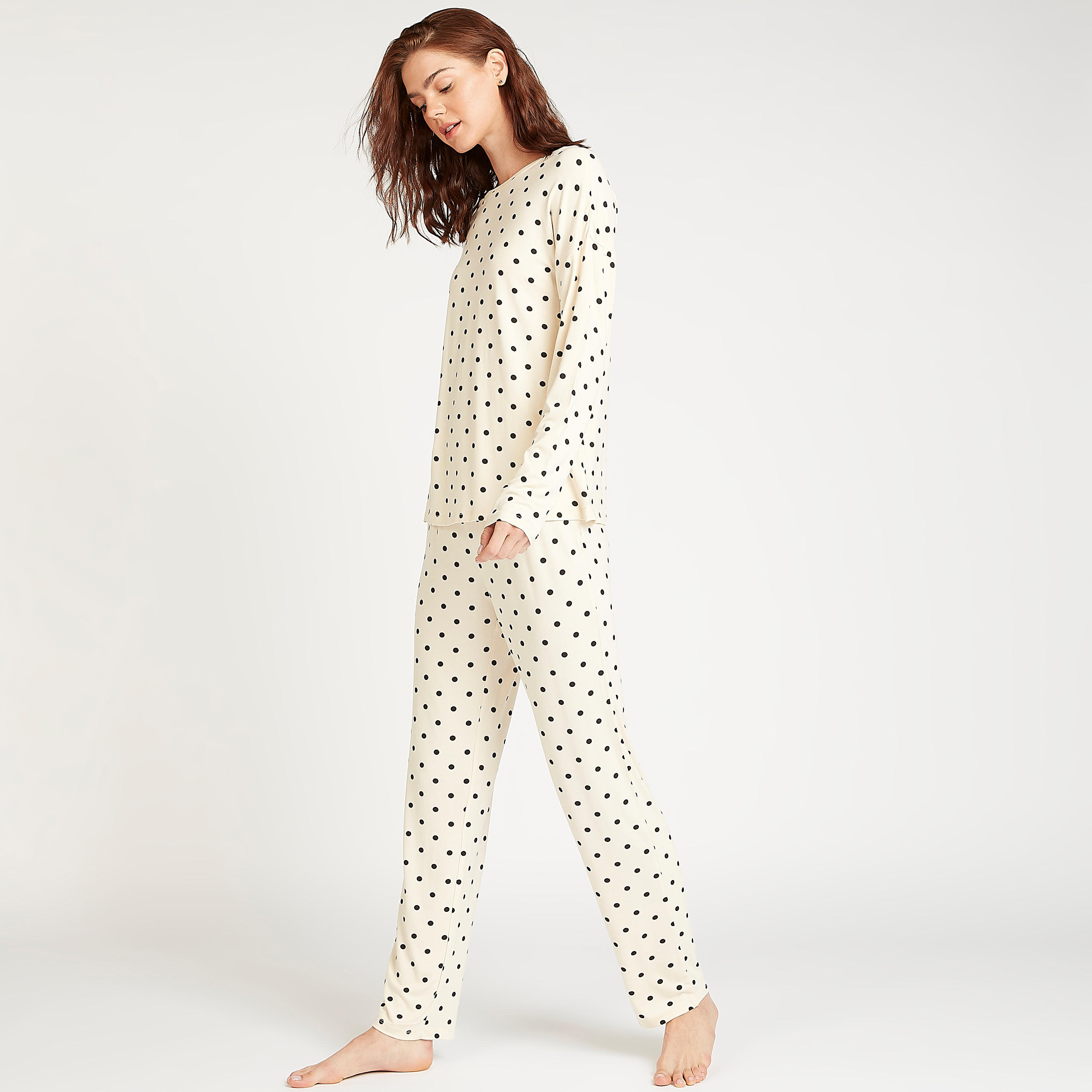 Polka Dot Print Crew Neck Top with Full Length Pyjama Set-women-clothing-nightwear-pyjamas-longsets-image-2