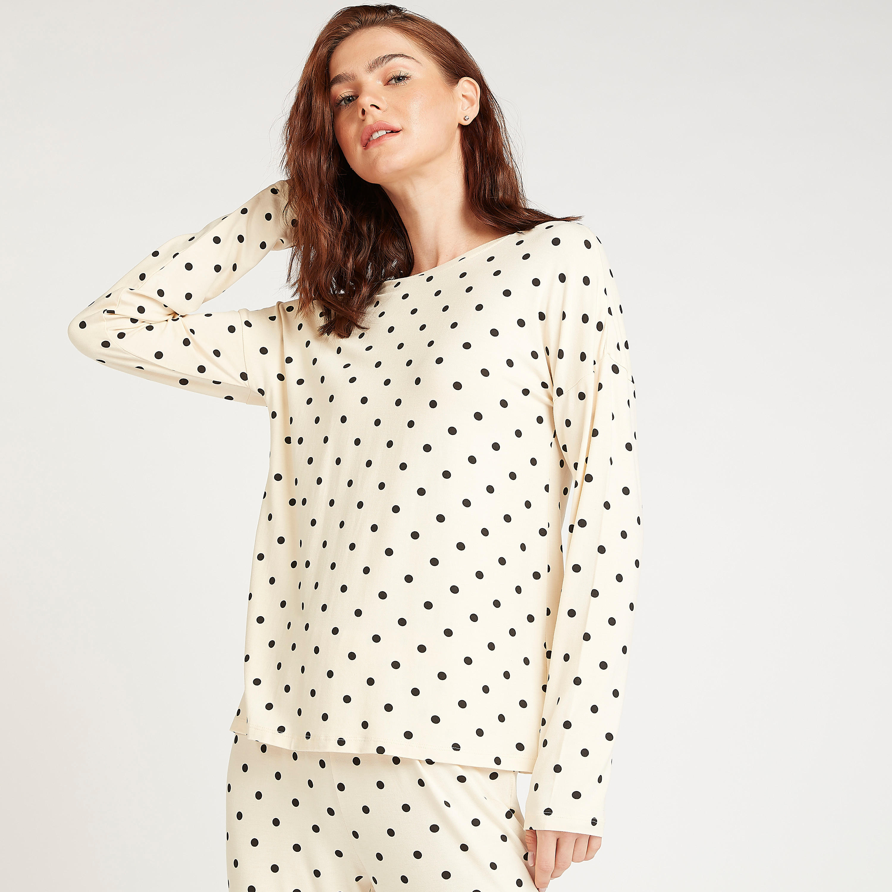 Polka Dot Print Crew Neck Top with Full Length Pyjama Set-women-clothing-nightwear-pyjamas-longsets-image-3