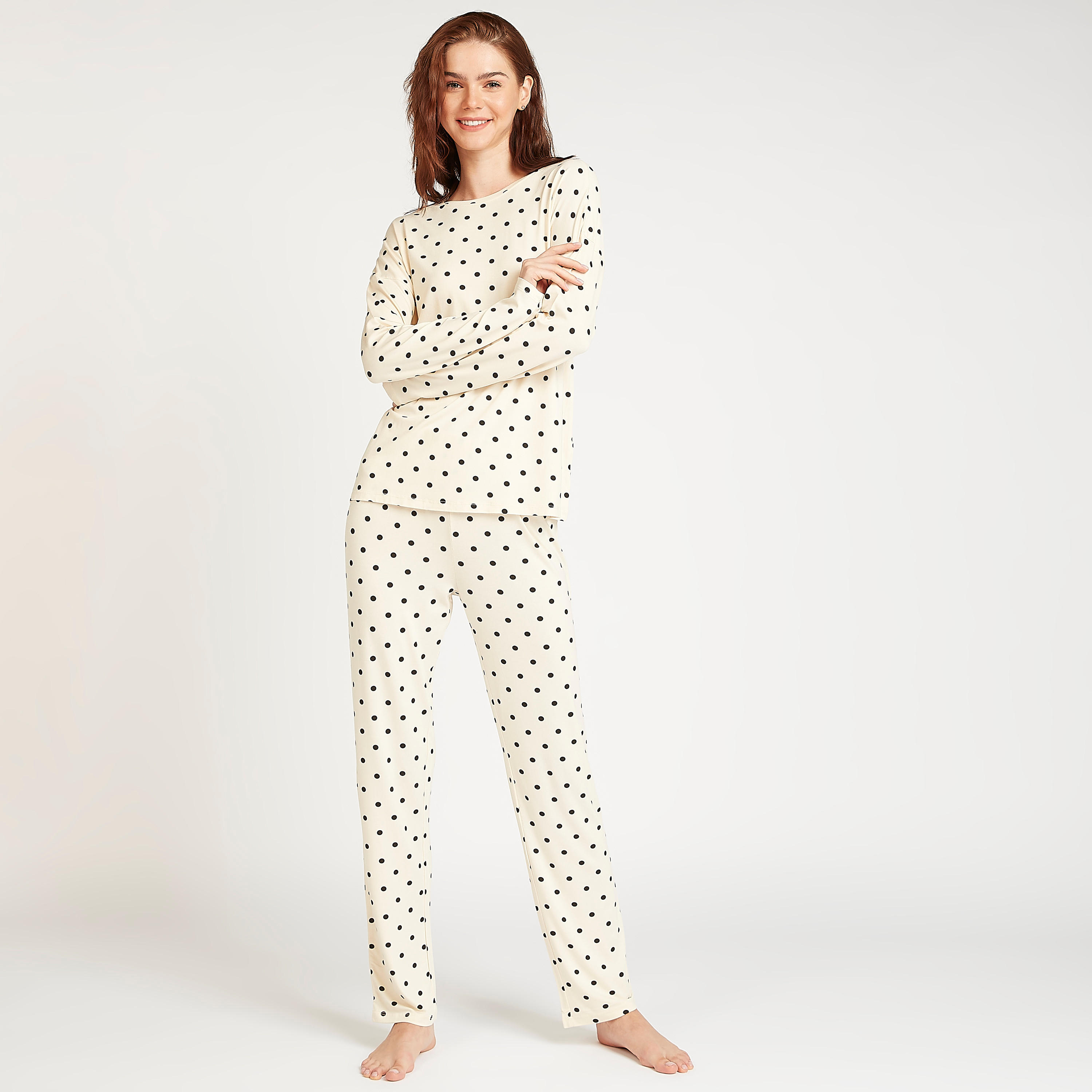 Polka Dot Print Crew Neck Top with Full Length Pyjama Set-women-clothing-nightwear-pyjamas-longsets-image-6