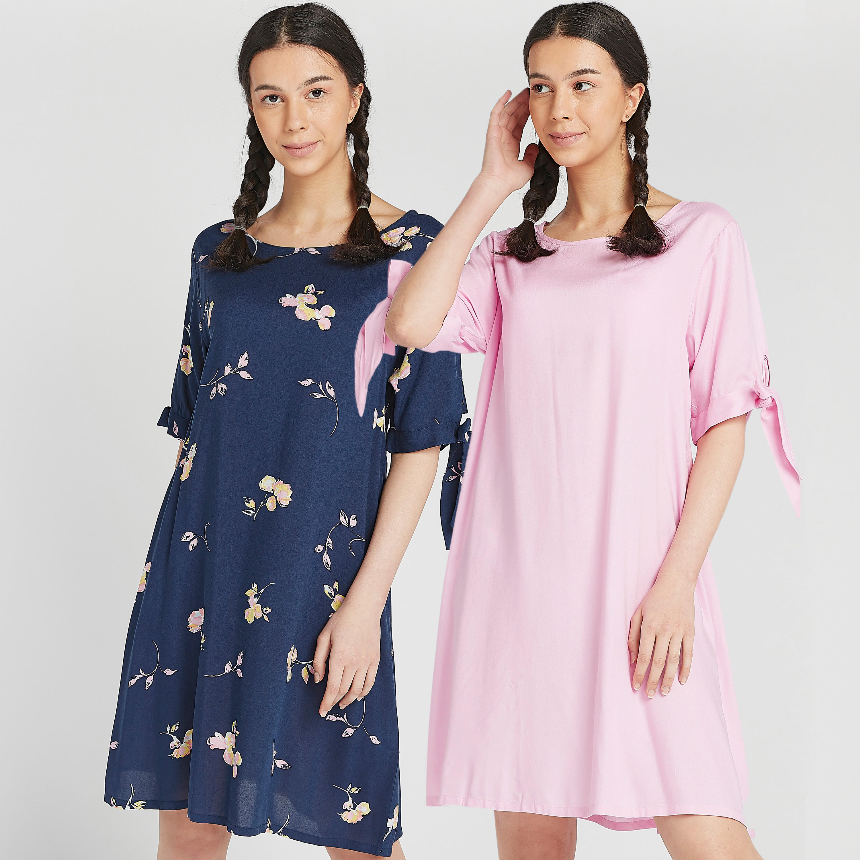 طقم فساتين نوم متنوّعة بياقة مستديرة وأكمام بتفاصيل عقدة - قطعتين-women-clothing-nightwear-nighties-image-1