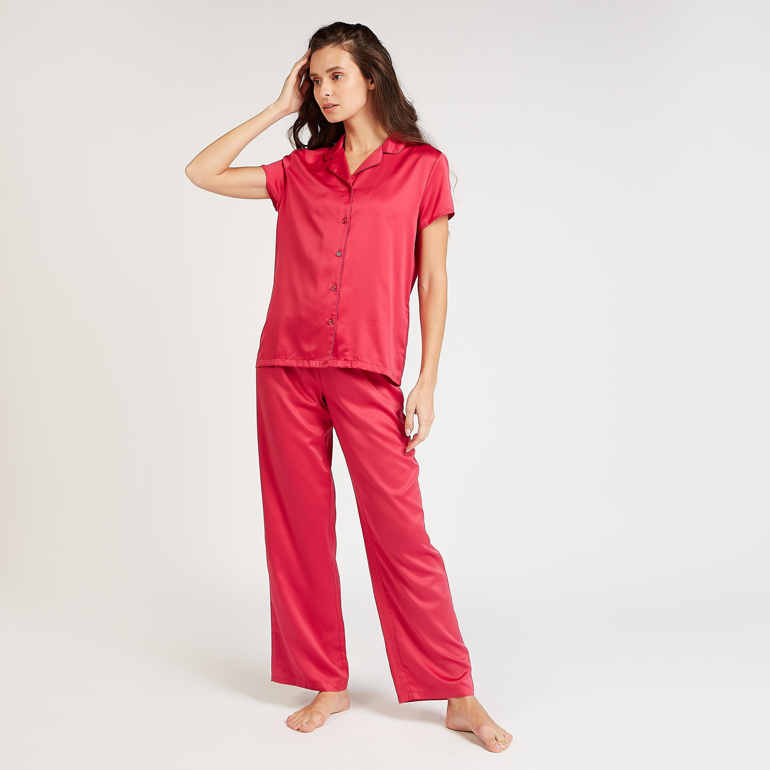 Solid Short Sleeves Sleepshirt and Full Length Pyjama Set-women-clothing-nightwear-pyjamas-longsets-image-1