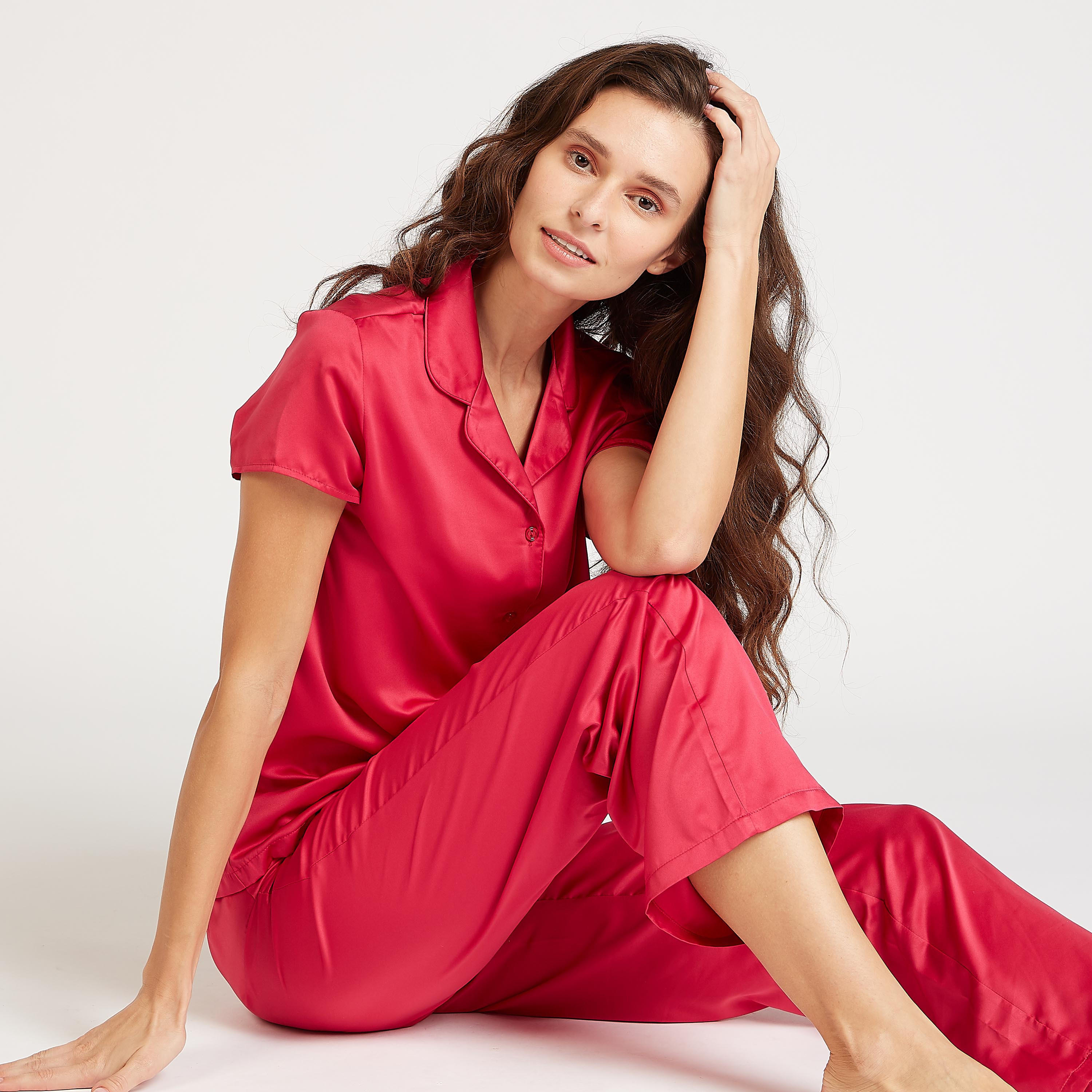 Solid Short Sleeves Sleepshirt and Full Length Pyjama Set-women-clothing-nightwear-pyjamas-longsets-image-2