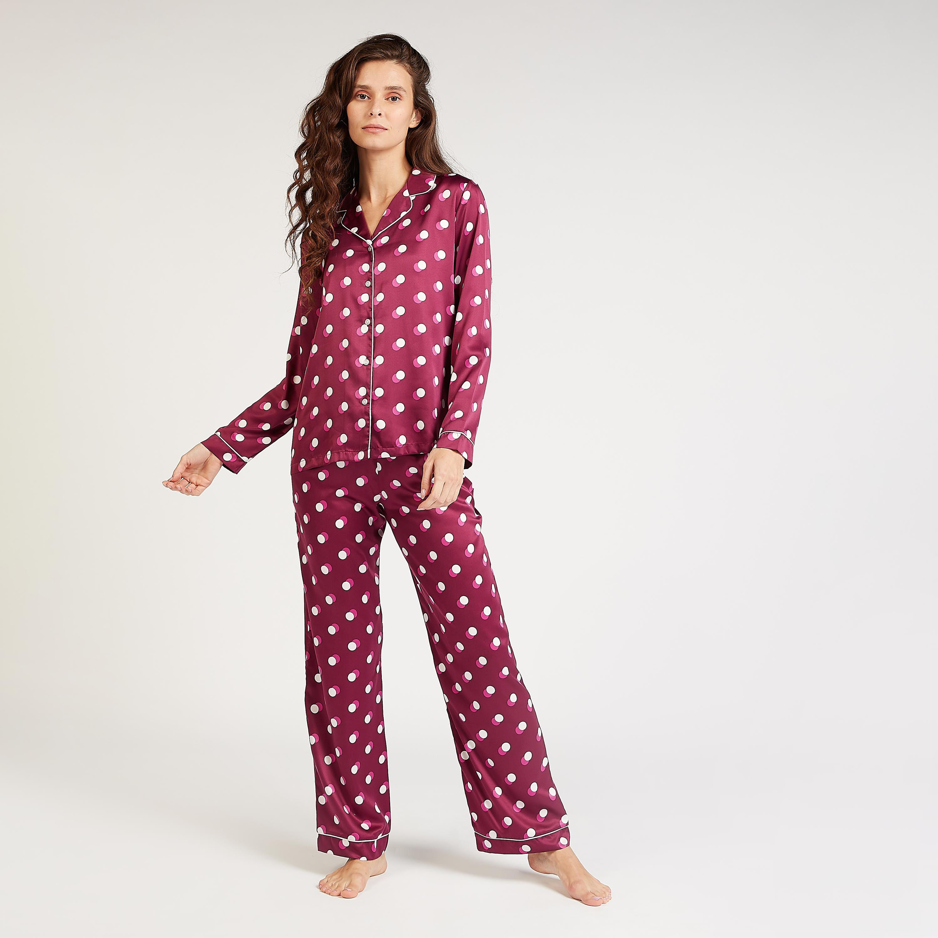Polka Dot Print Collared Shirt and Full Length Pyjama Set-women-clothing-nightwear-pyjamas-longsets-image-1