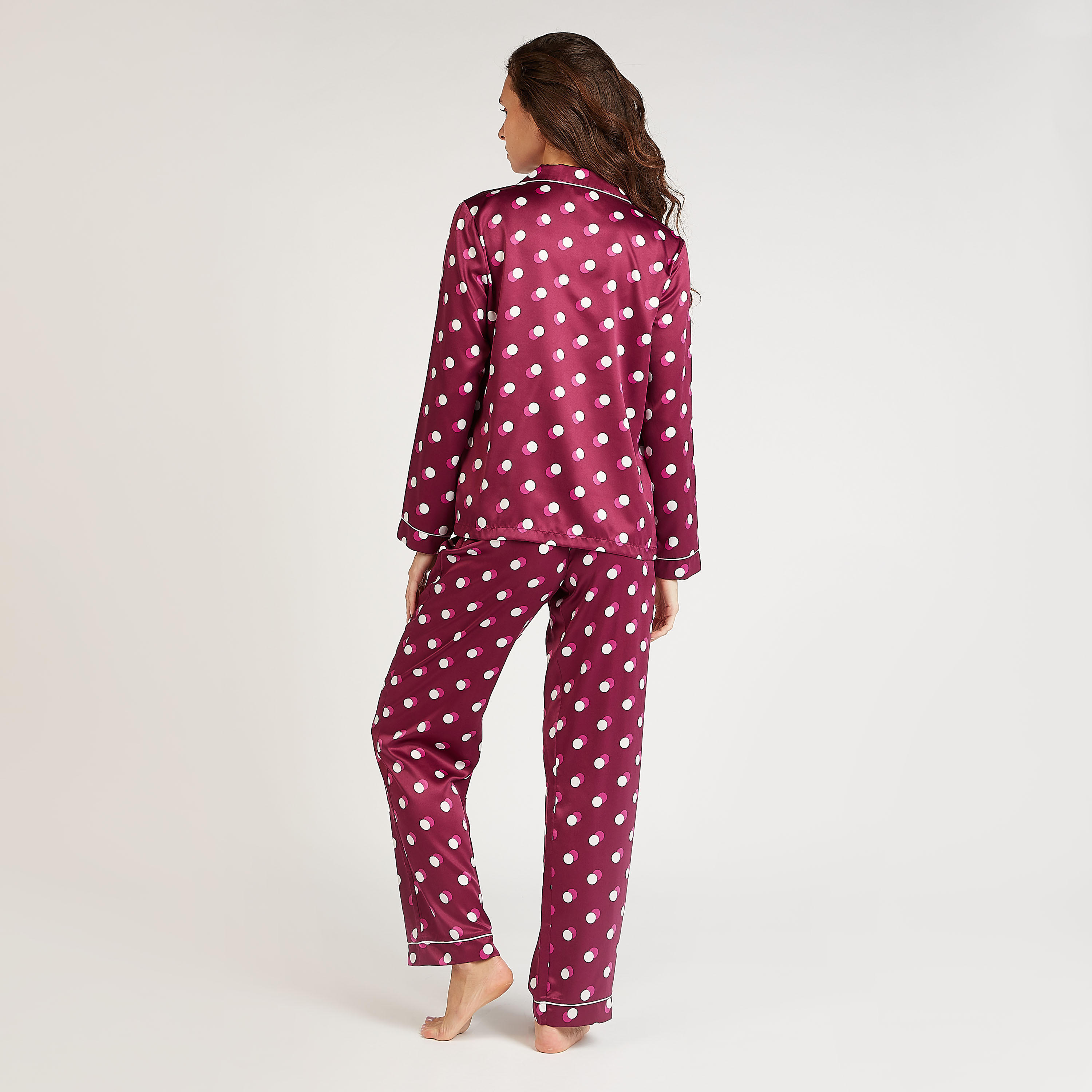 Polka Dot Print Collared Shirt and Full Length Pyjama Set-women-clothing-nightwear-pyjamas-longsets-image-3