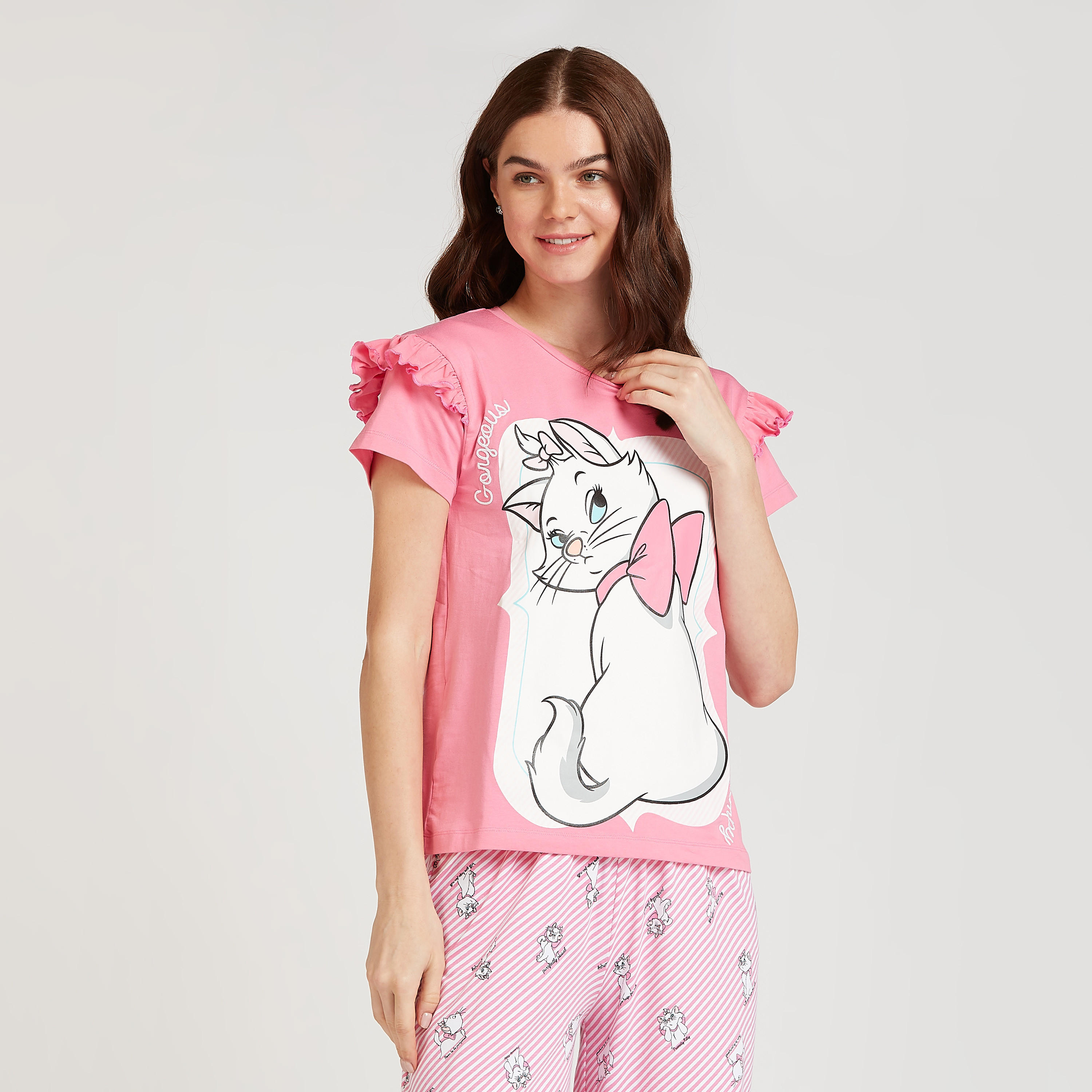 طقم مستدام من بنطلون بيجاما وتيشيرت بياقة مستديرة وطبعات ماري-women-clothing-nightwear-pyjamas-longsets-image-1