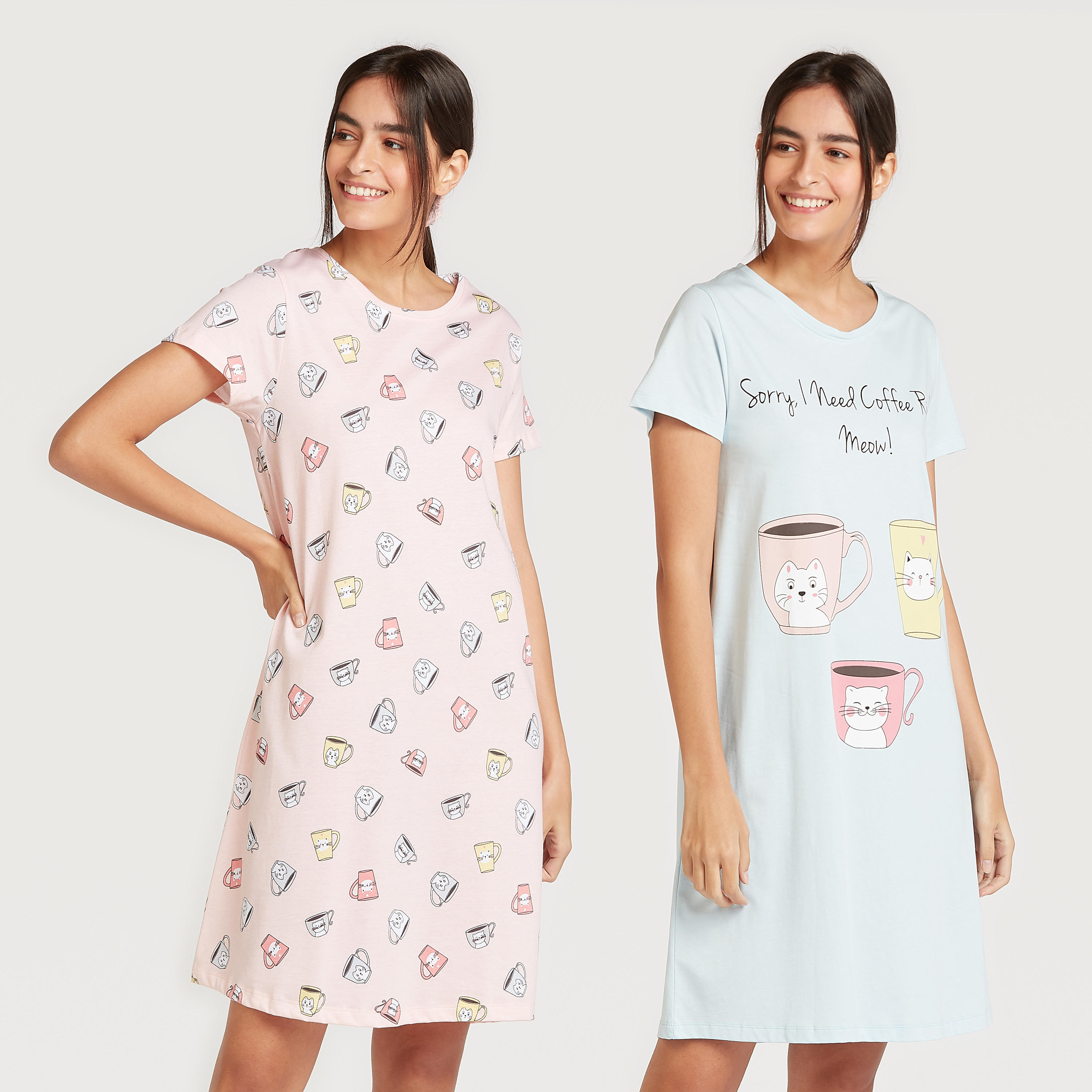 فستان نوم مستدام بياقة مستديرة وطبعات - طقم من قطعتين-women-clothing-nightwear-nighties-image-1