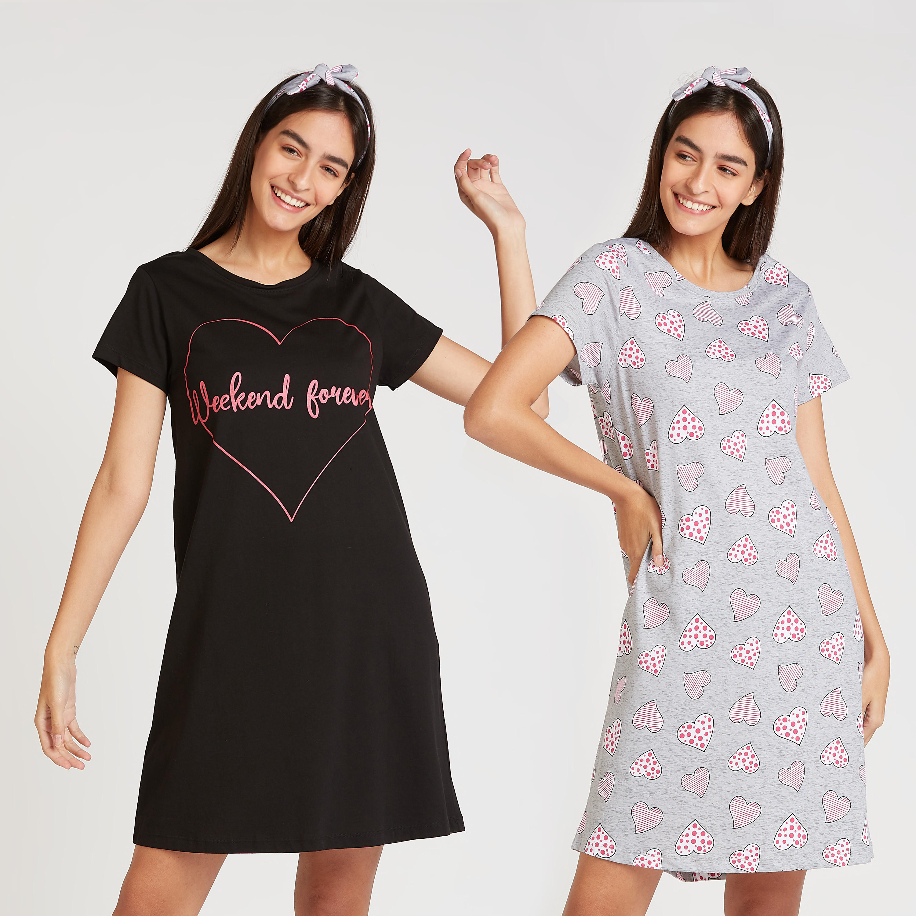 فستان نوم مستدام بياقة مستديرة وطبعات - طقم من قطعتين-women-clothing-nightwear-nighties-image-1