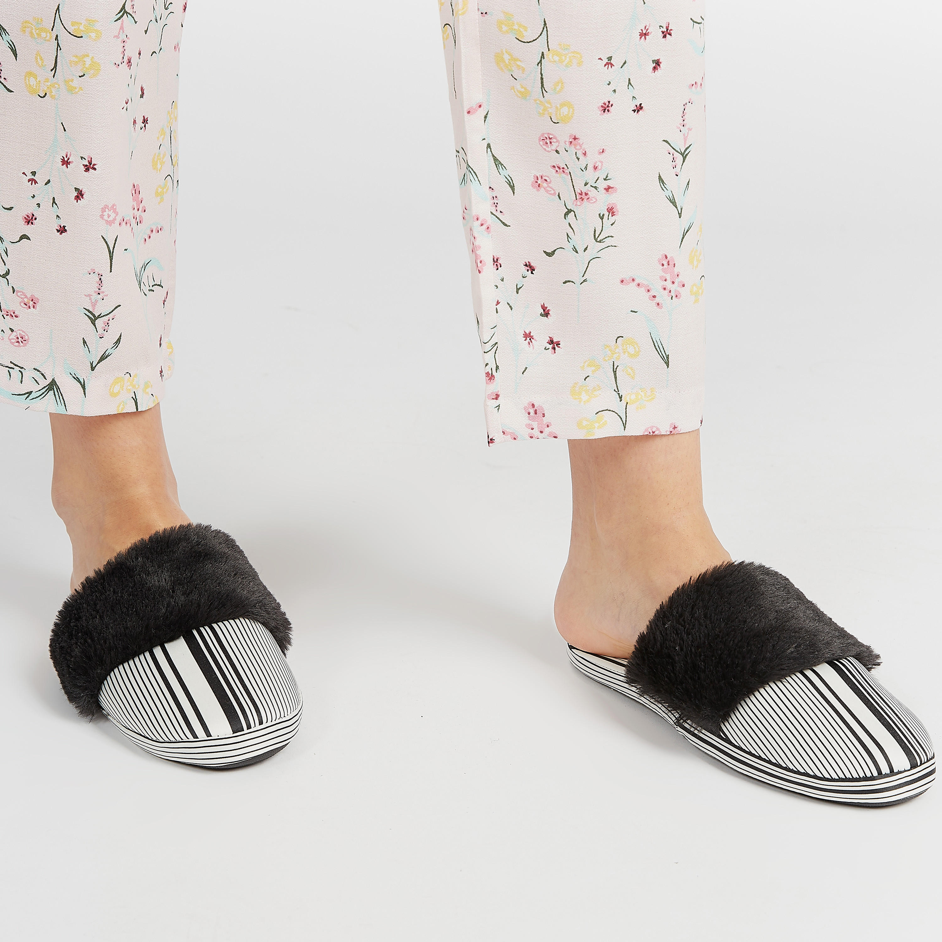 Striped Bedroom Mules with Plush Detail-women-clothing-nightwear-bedroomslippers-image-1