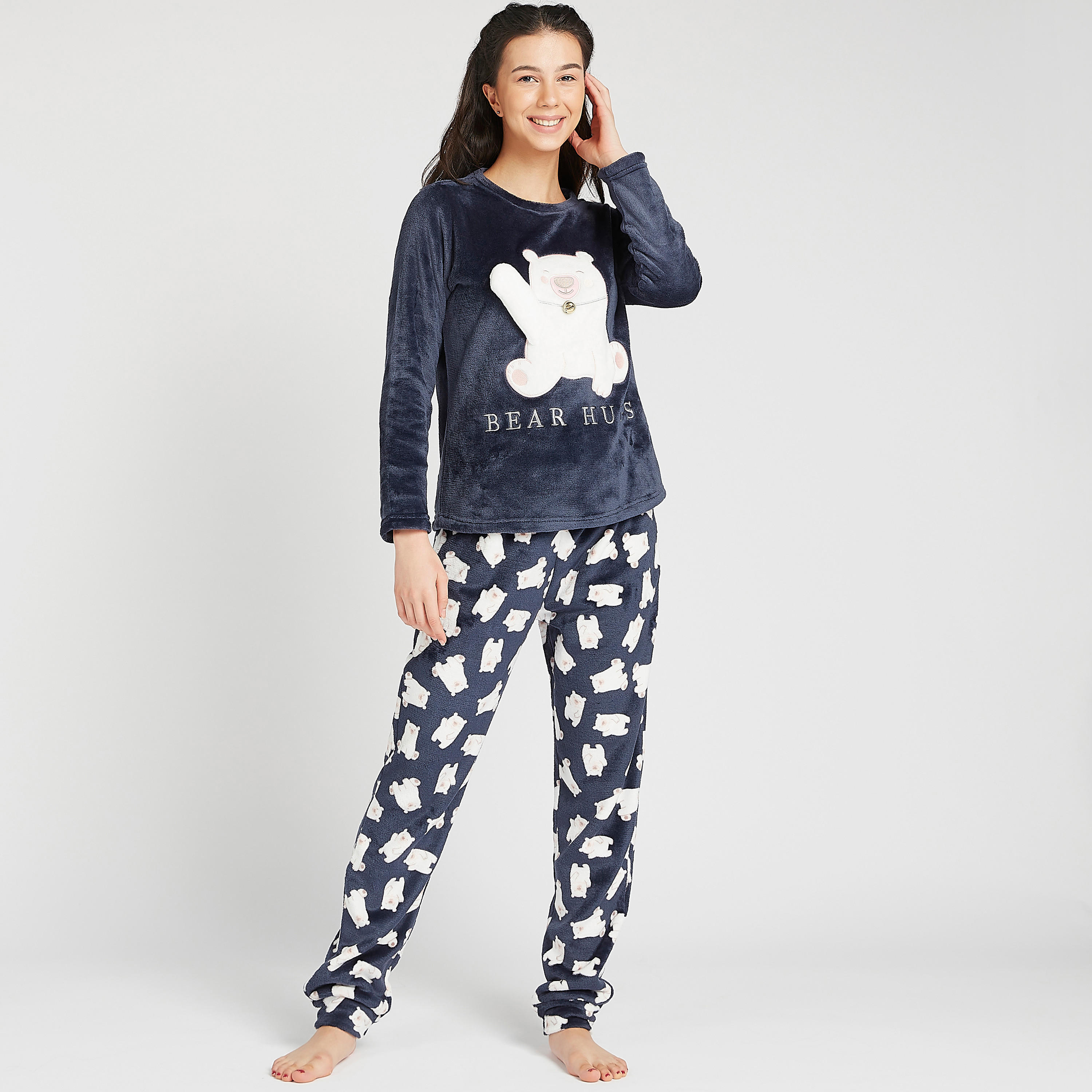طقم مستدام بنطلون بيجاما وبلوزة بارزة الملمس بأكمام طويلة-women-clothing-nightwear-pyjamas-longsets-image-1
