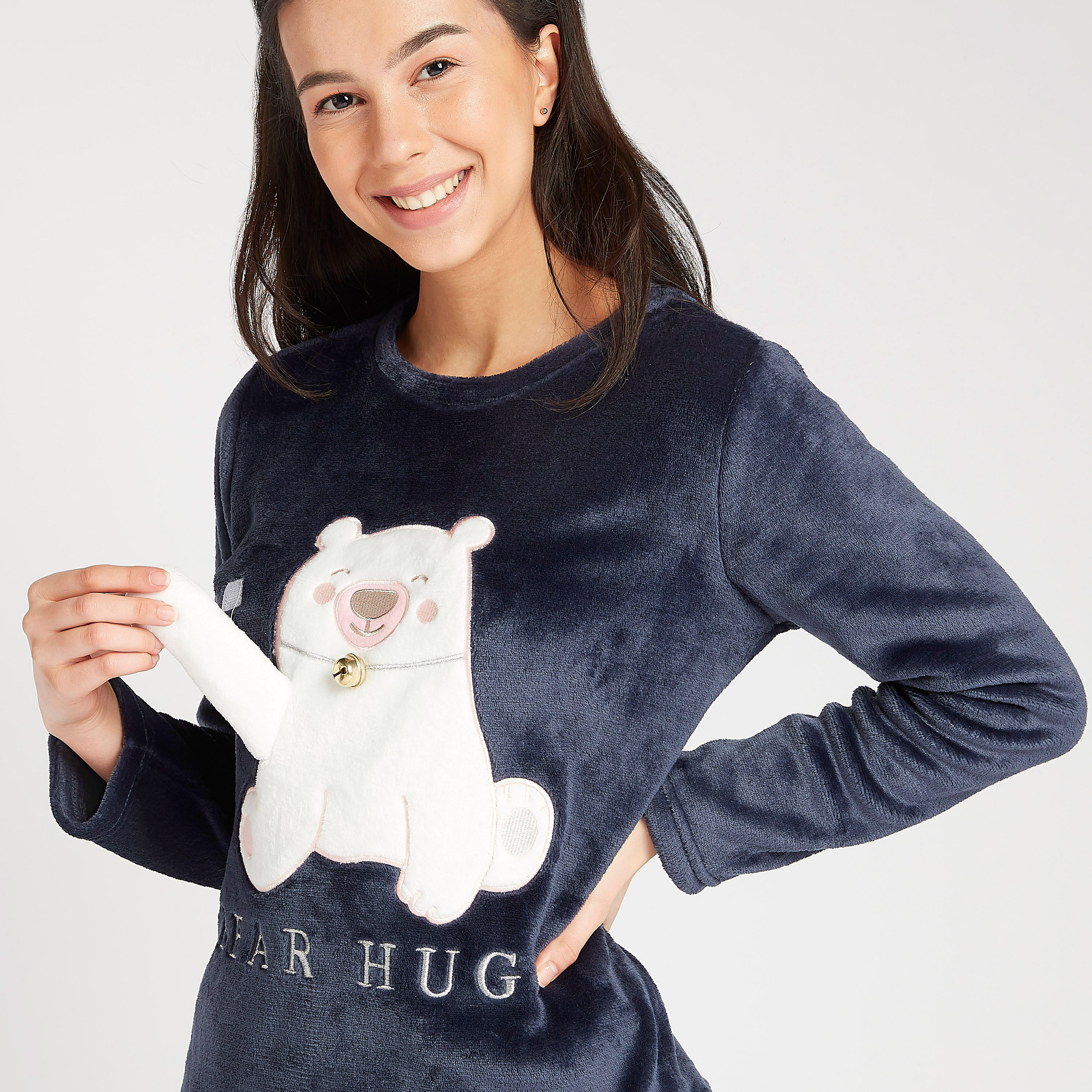 طقم مستدام بنطلون بيجاما وبلوزة بارزة الملمس بأكمام طويلة-women-clothing-nightwear-pyjamas-longsets-image-2