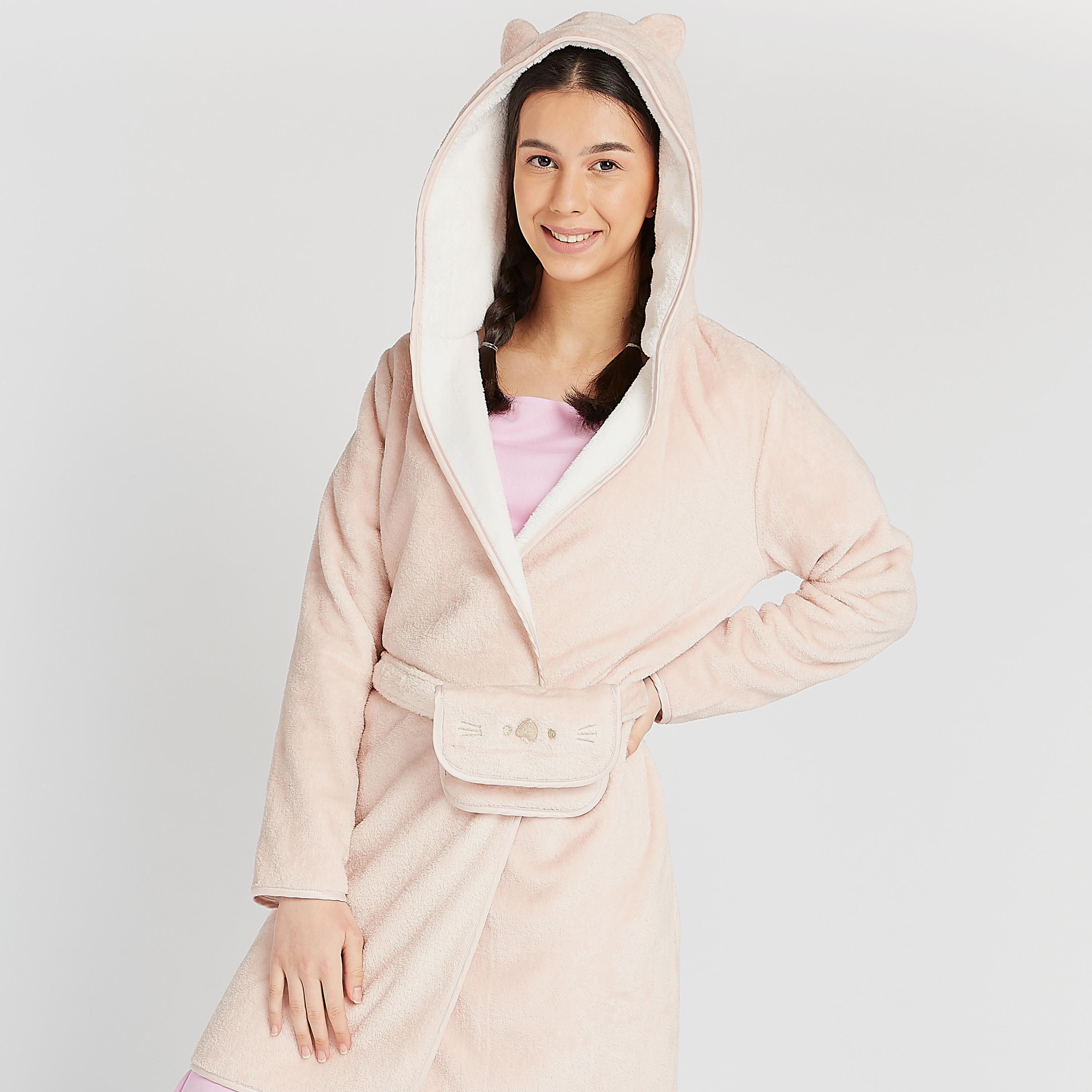روب مخملي بارز الملمس بياقة بقبّعة و أكمام طويلة-women-clothing-nightwear-robes-image-1