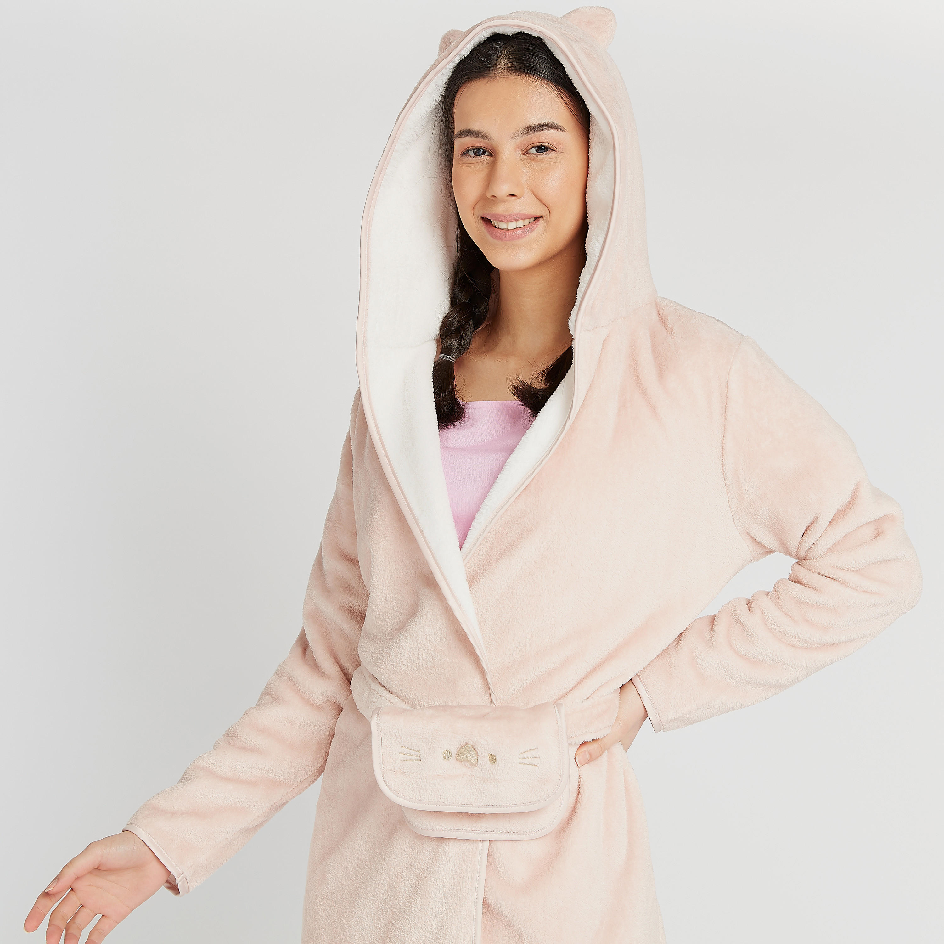 روب مخملي بارز الملمس بياقة بقبّعة و أكمام طويلة-women-clothing-nightwear-robes-image-6