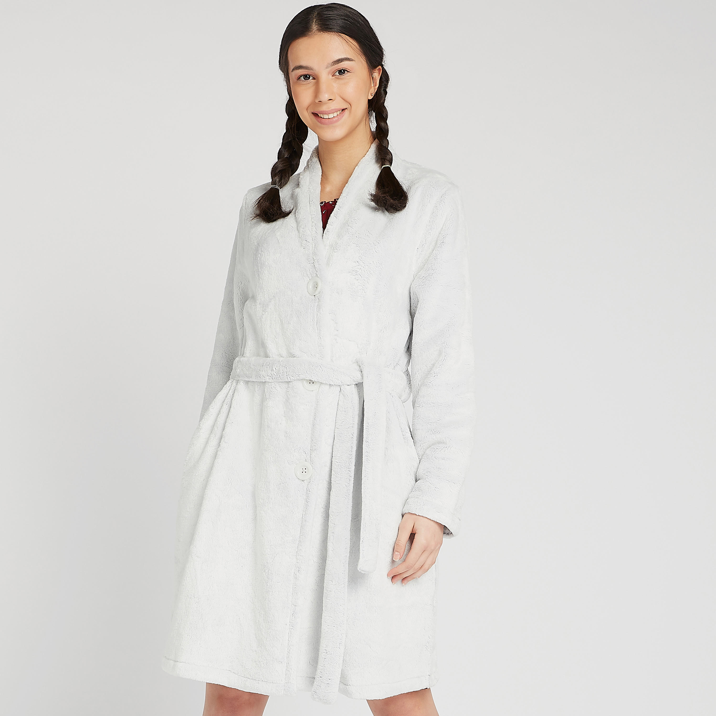 روب حمّام مستدام سادة بياقة منسدلة وأربطة-women-clothing-nightwear-robes-image-6