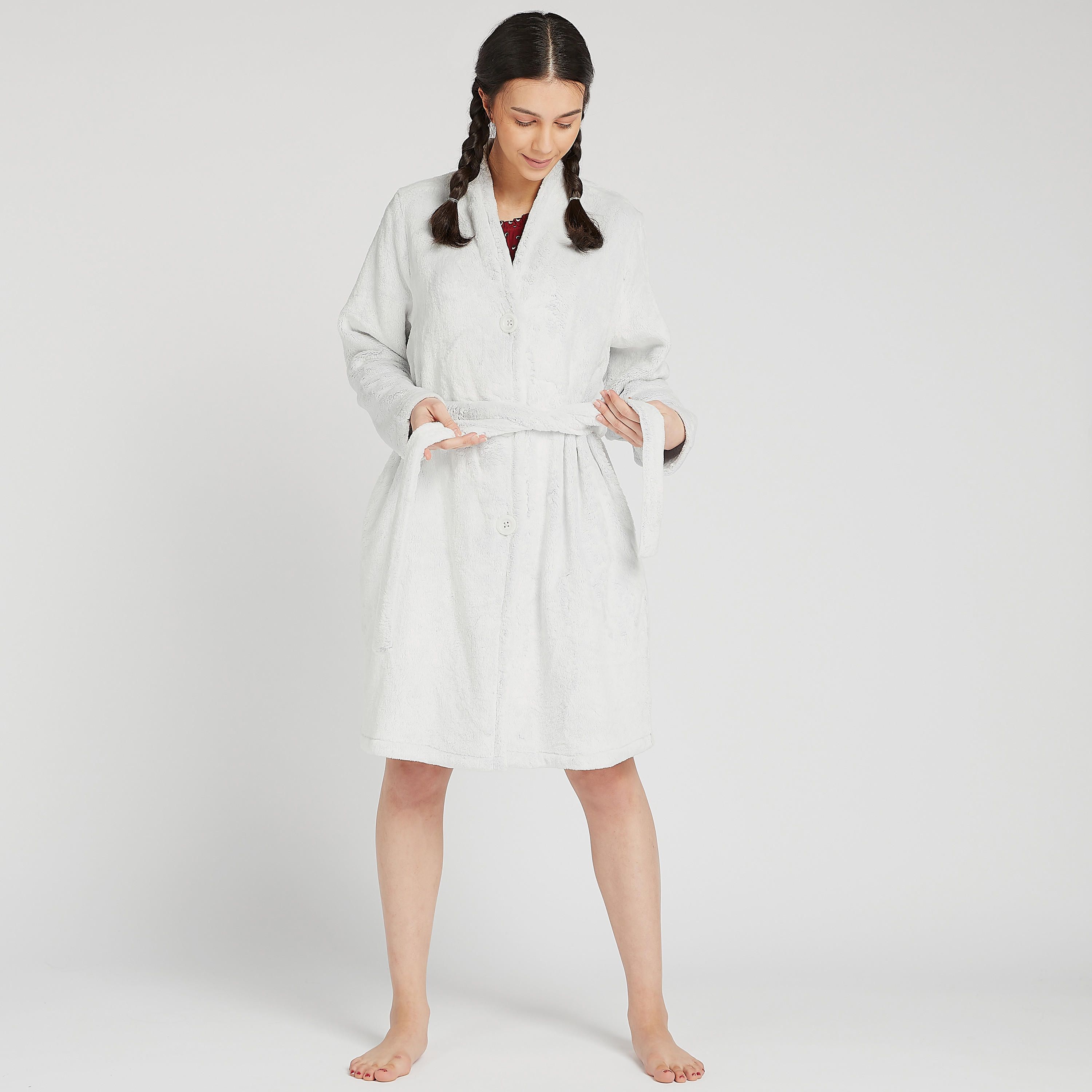 روب حمّام مستدام سادة بياقة منسدلة وأربطة-women-clothing-nightwear-robes-image-5