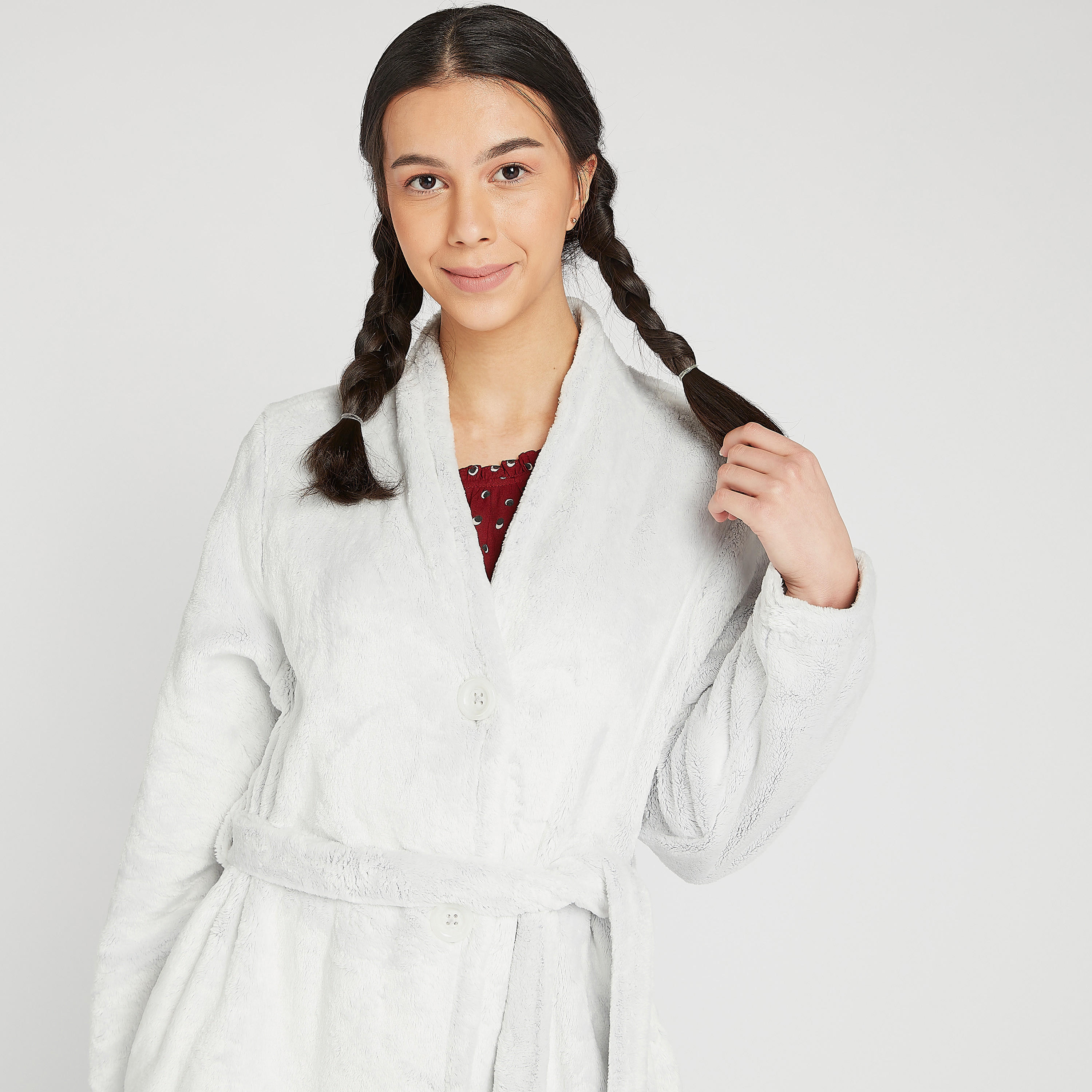 روب حمّام مستدام سادة بياقة منسدلة وأربطة-women-clothing-nightwear-robes-image-2
