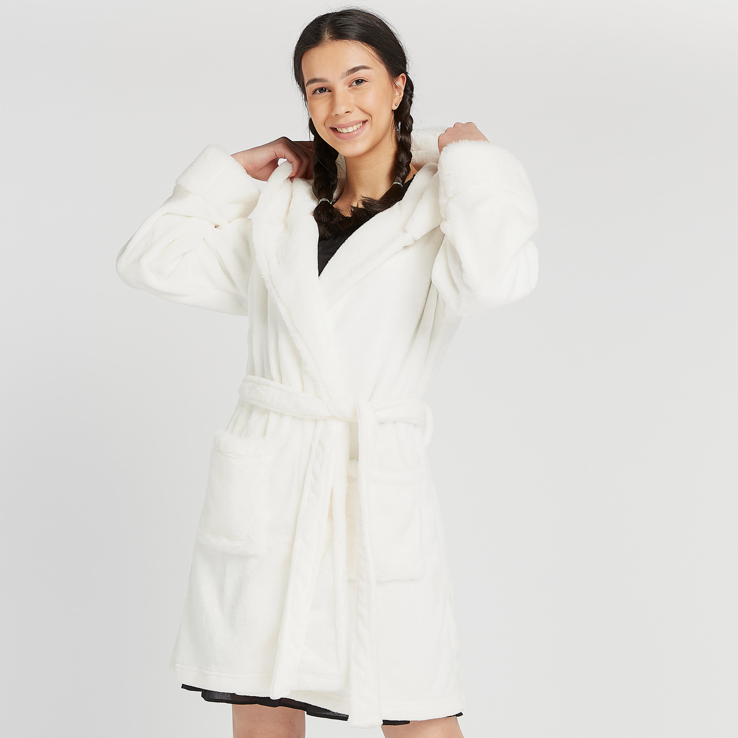 Sustainable Plush Robe with Hooded Neck and Pockets-women-clothing-nightwear-robes-image-1