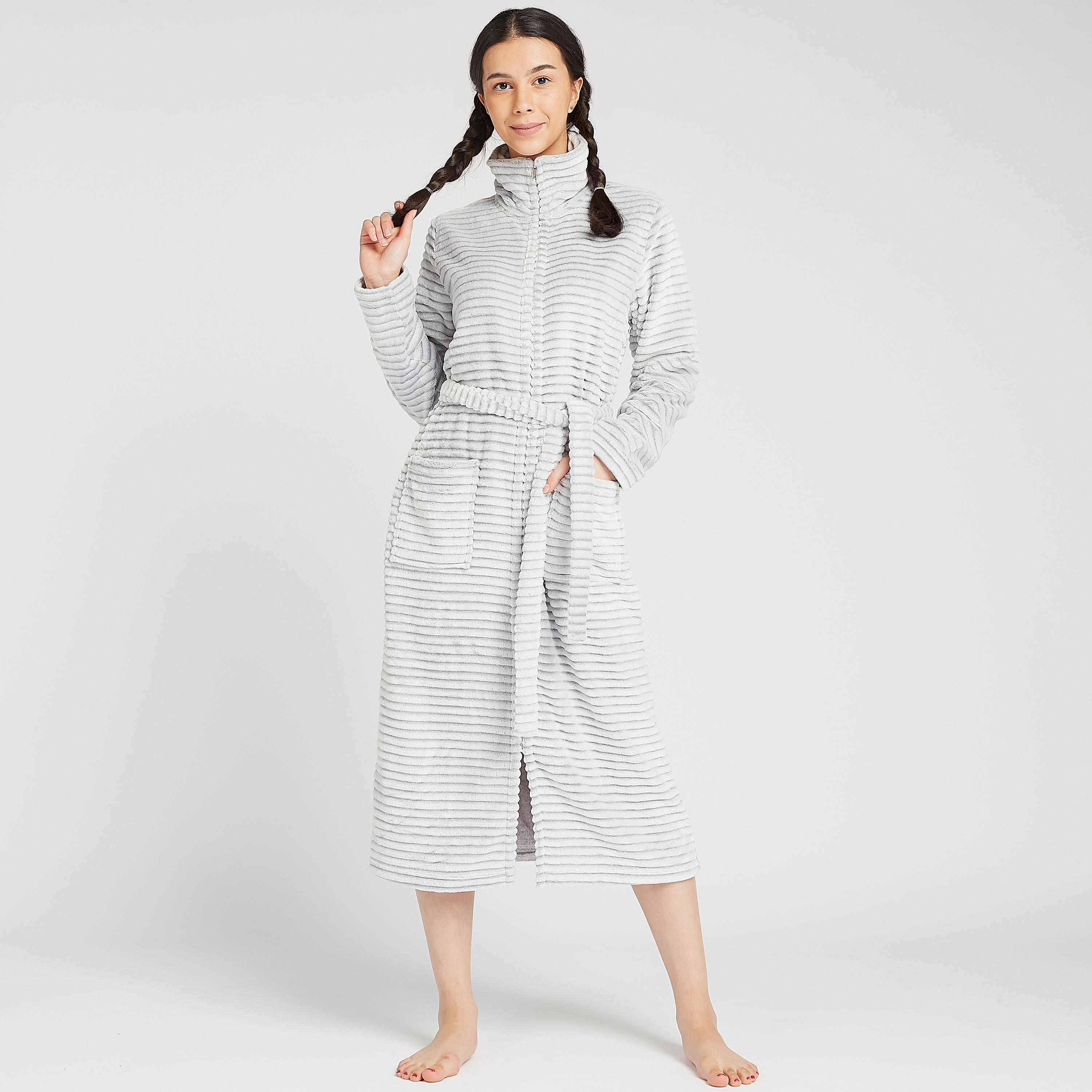 Plush Striped Funnel Neck Robe with Belt and Zip Closure-women-clothing-nightwear-robes-image-1