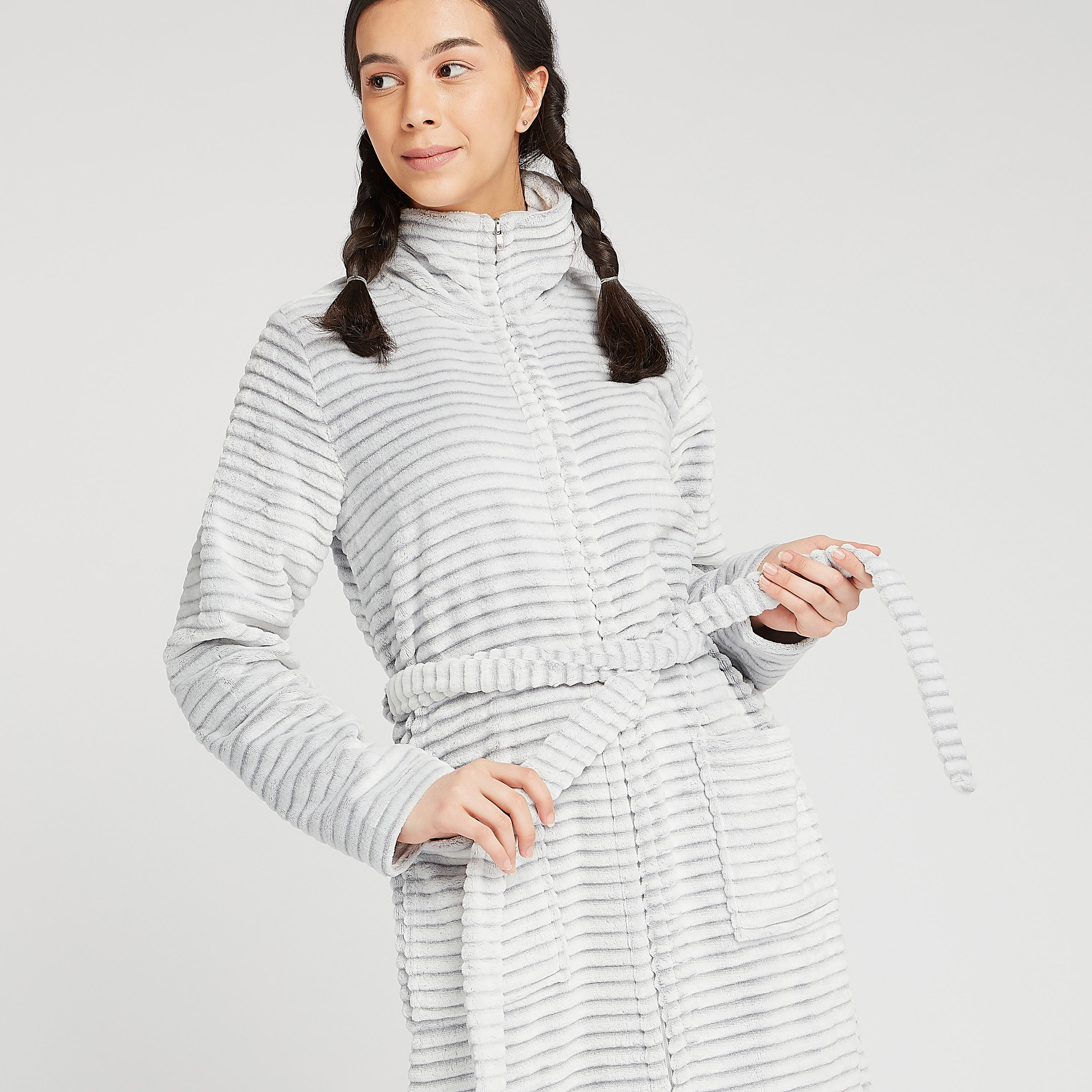 Plush Striped Funnel Neck Robe with Belt and Zip Closure-women-clothing-nightwear-robes-image-2