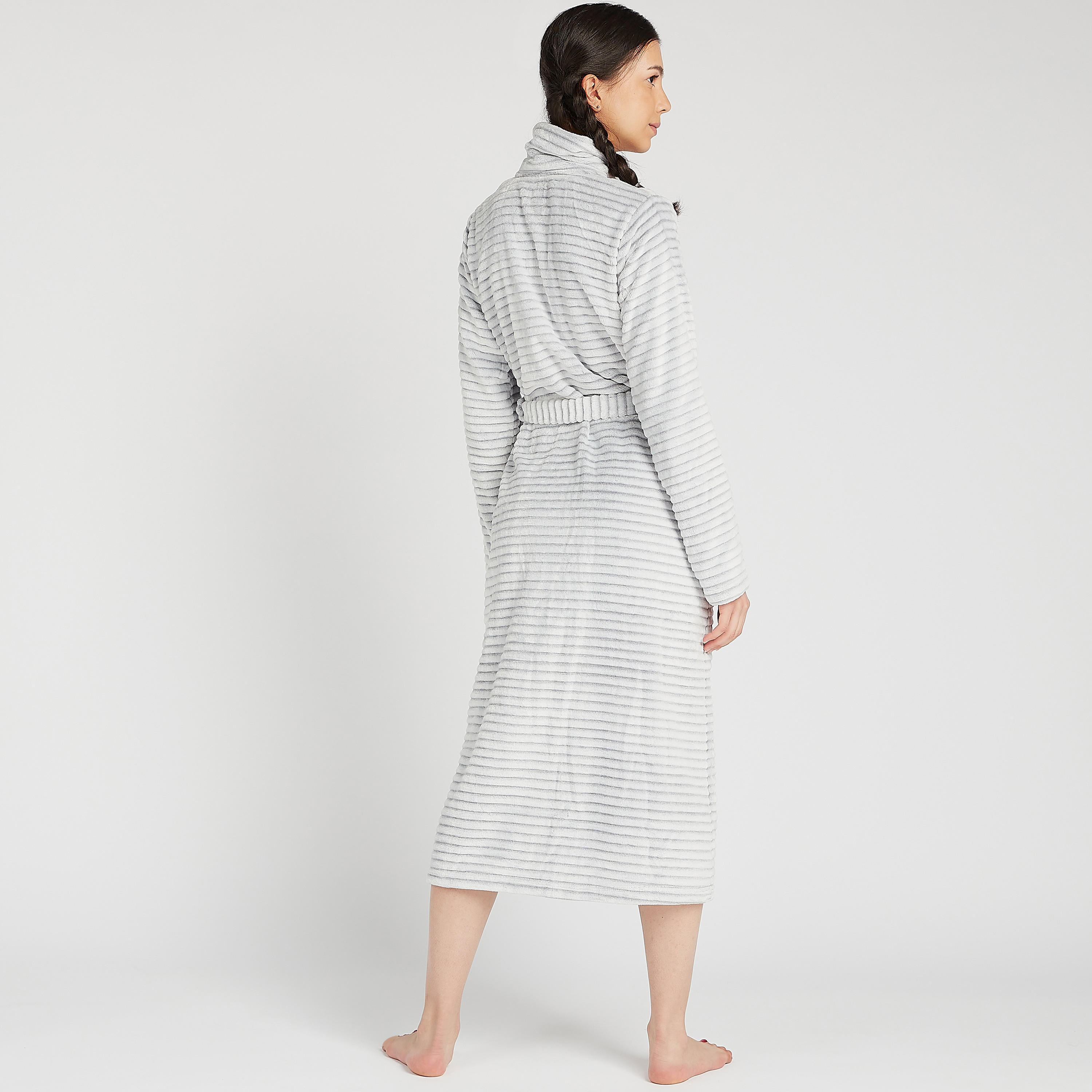 Plush Striped Funnel Neck Robe with Belt and Zip Closure-women-clothing-nightwear-robes-image-4