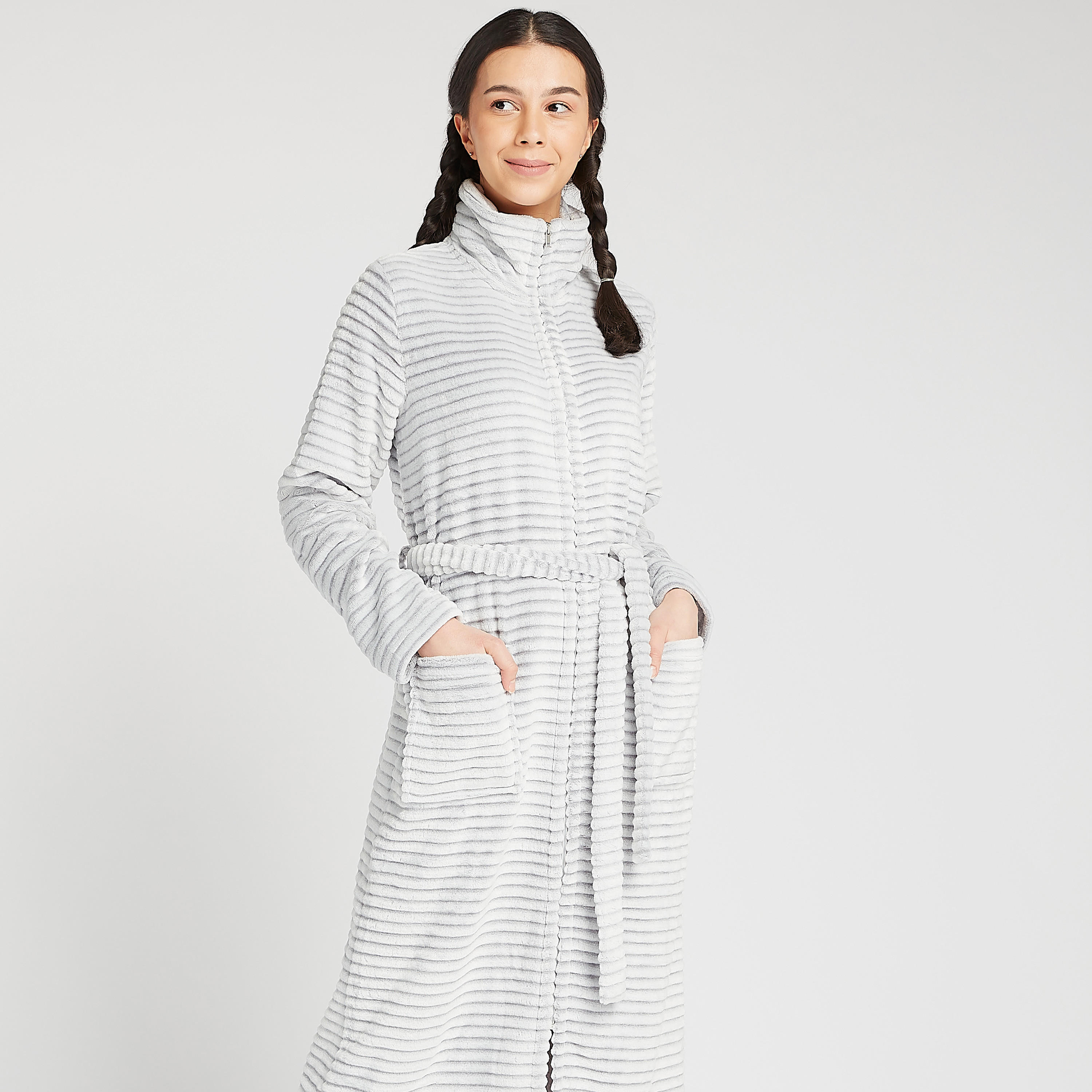 Plush Striped Funnel Neck Robe with Belt and Zip Closure-women-clothing-nightwear-robes-image-6