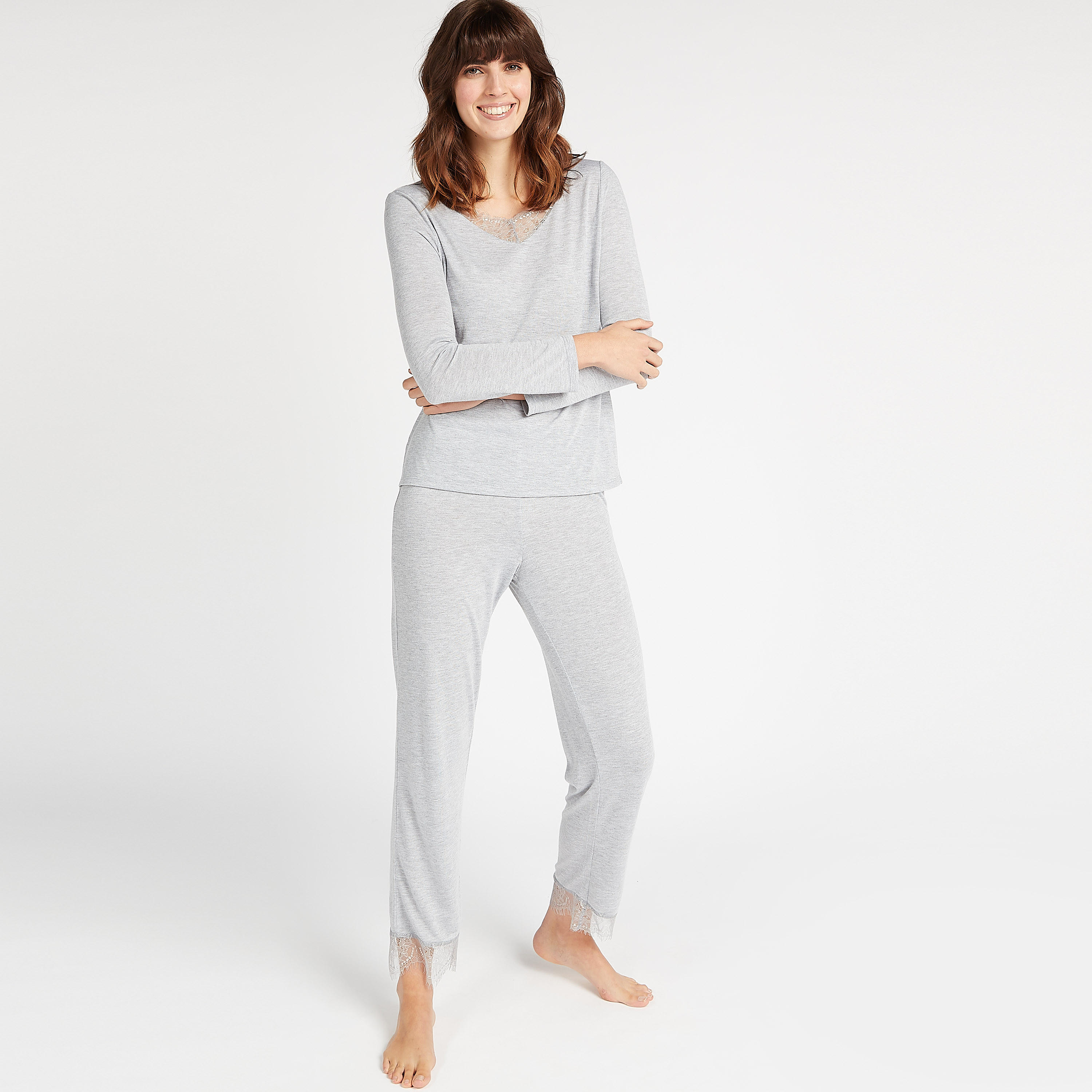 Solid Lace Detail V-neck Top and Full Length Pyjama Set-women-clothing-nightwear-pyjamas-longsets-image-1