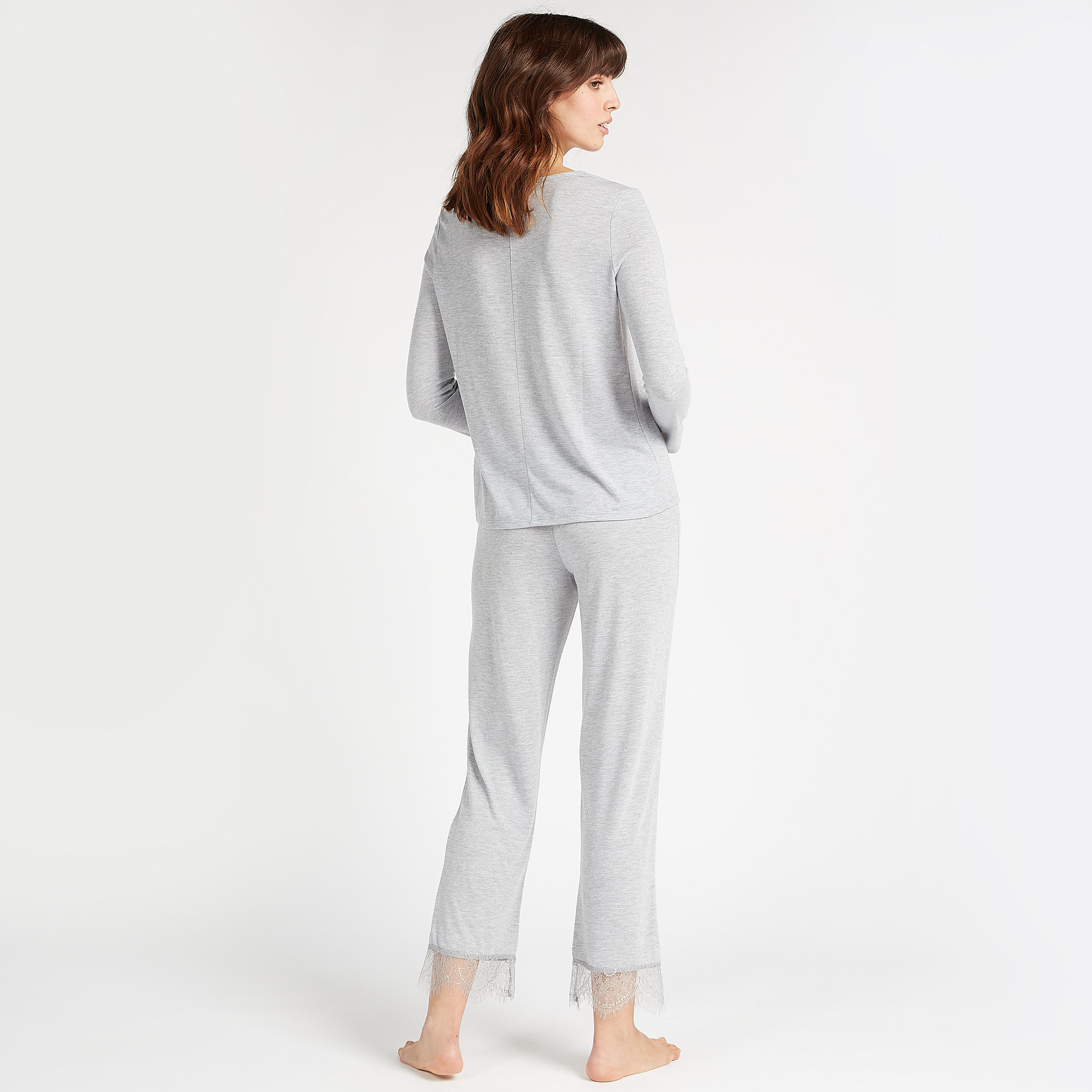 Solid Lace Detail V-neck Top and Full Length Pyjama Set-women-clothing-nightwear-pyjamas-longsets-image-3