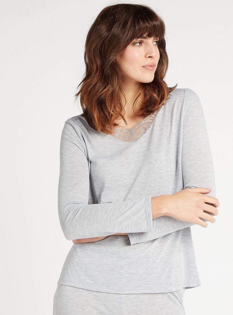 Solid Lace Detail V-neck Top and Full Length Pyjama Set-women-clothing-nightwear-pyjamas-longsets-image-4