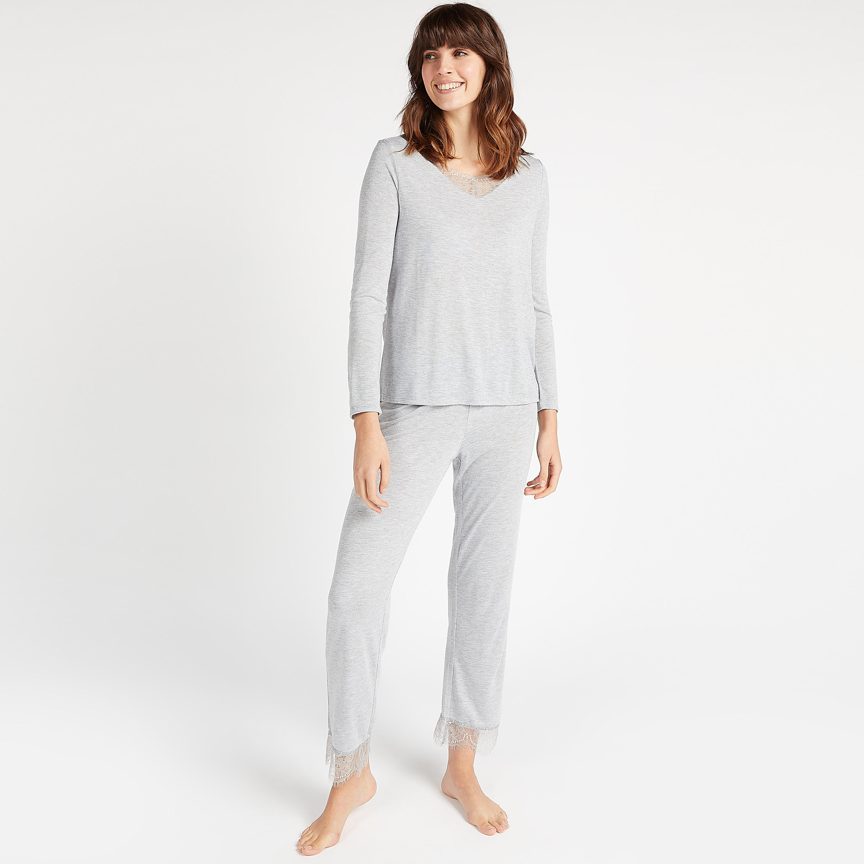 Solid Lace Detail V-neck Top and Full Length Pyjama Set-women-clothing-nightwear-pyjamas-longsets-image-6
