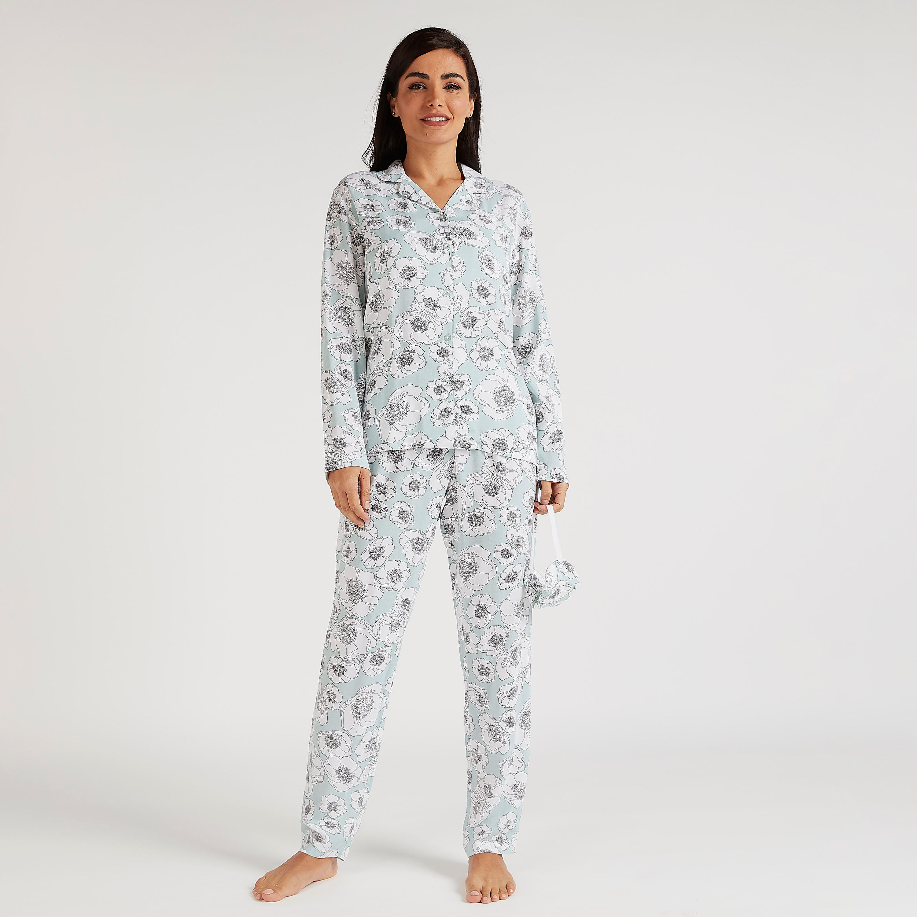 طقم من بنطلون بيجاما وقميص بطبعات أزهار وقناع عيون-women-clothing-nightwear-pyjamas-longsets-image-2
