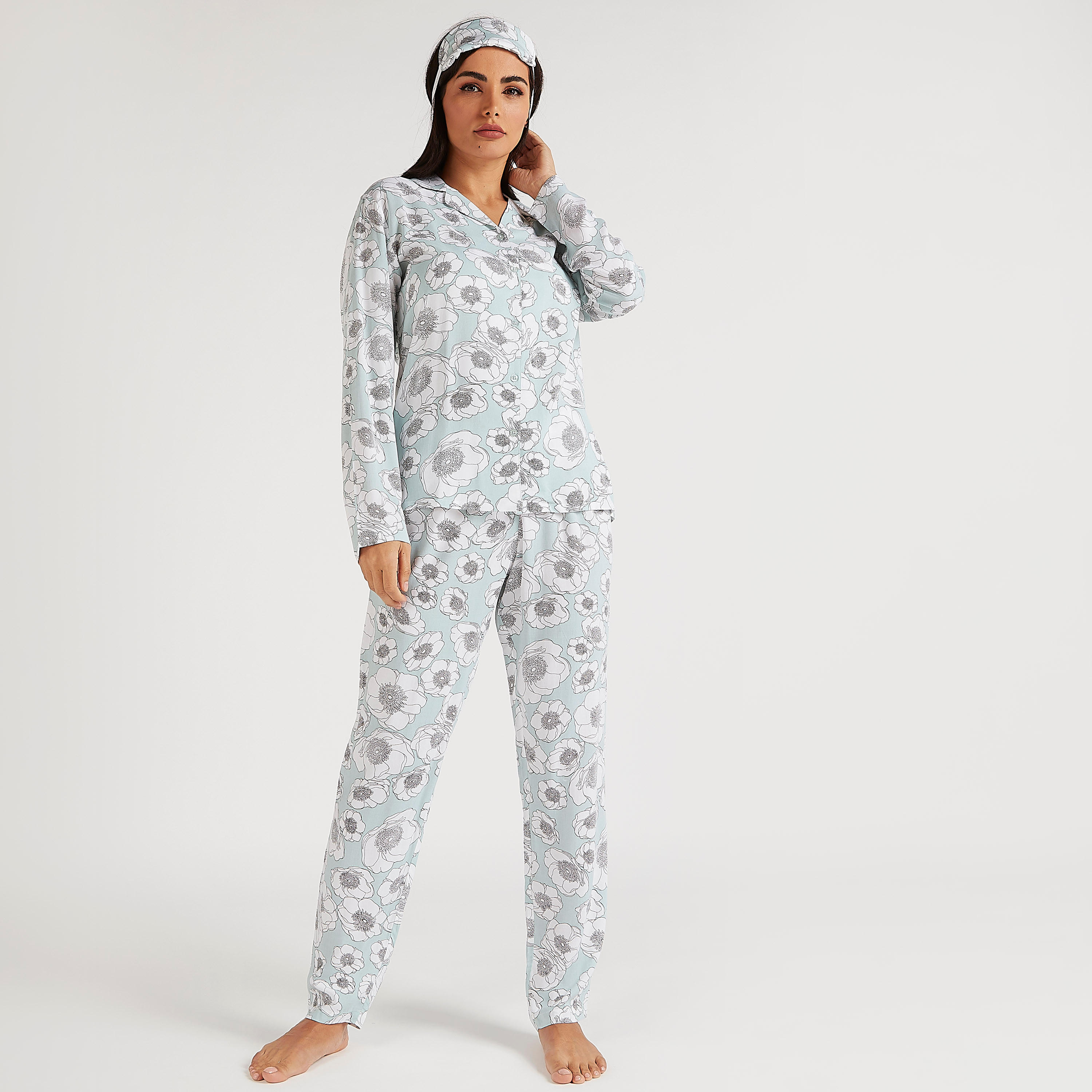 طقم من بنطلون بيجاما وقميص بطبعات أزهار وقناع عيون-women-clothing-nightwear-pyjamas-longsets-image-7