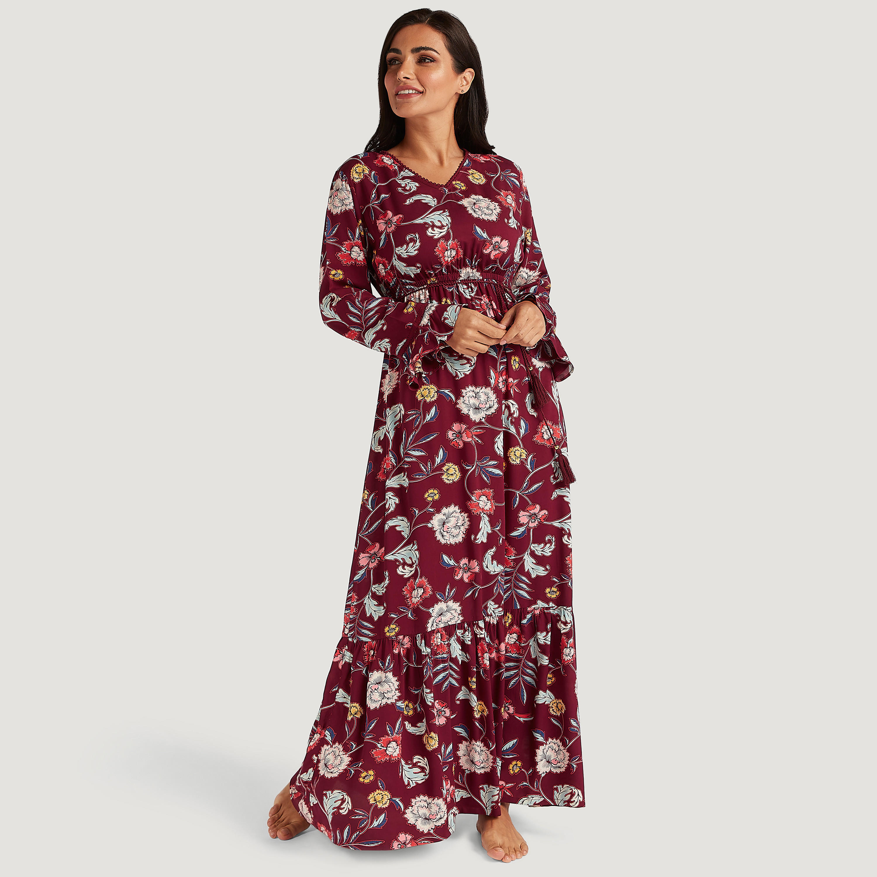 قميص نوم بياقة V وأكمام طويلة وطبعات-women-clothing-nightwear-nighties-image-1